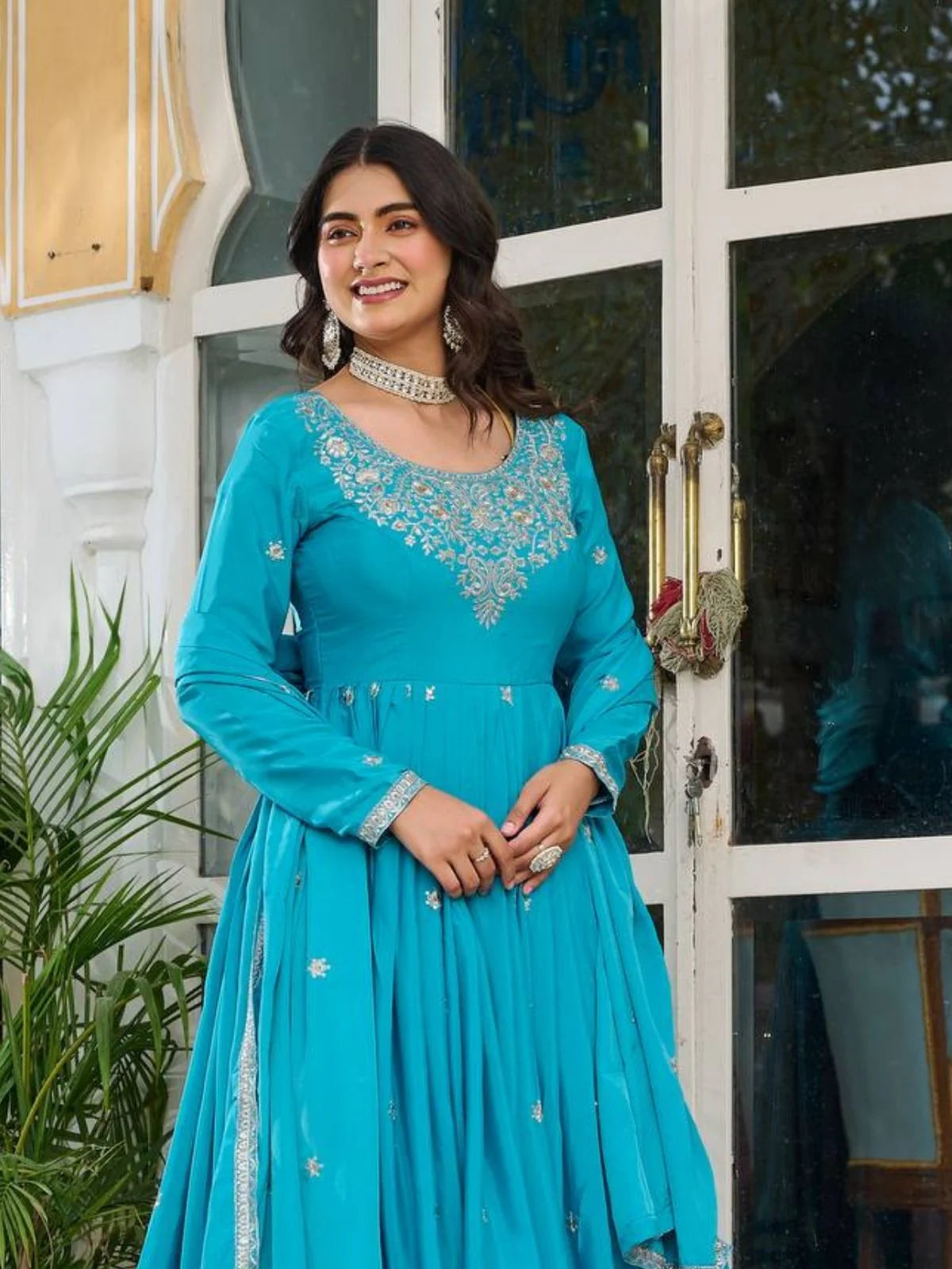 Odette Blue Silk Solid Stitched Kurta Set For Women - Image 4