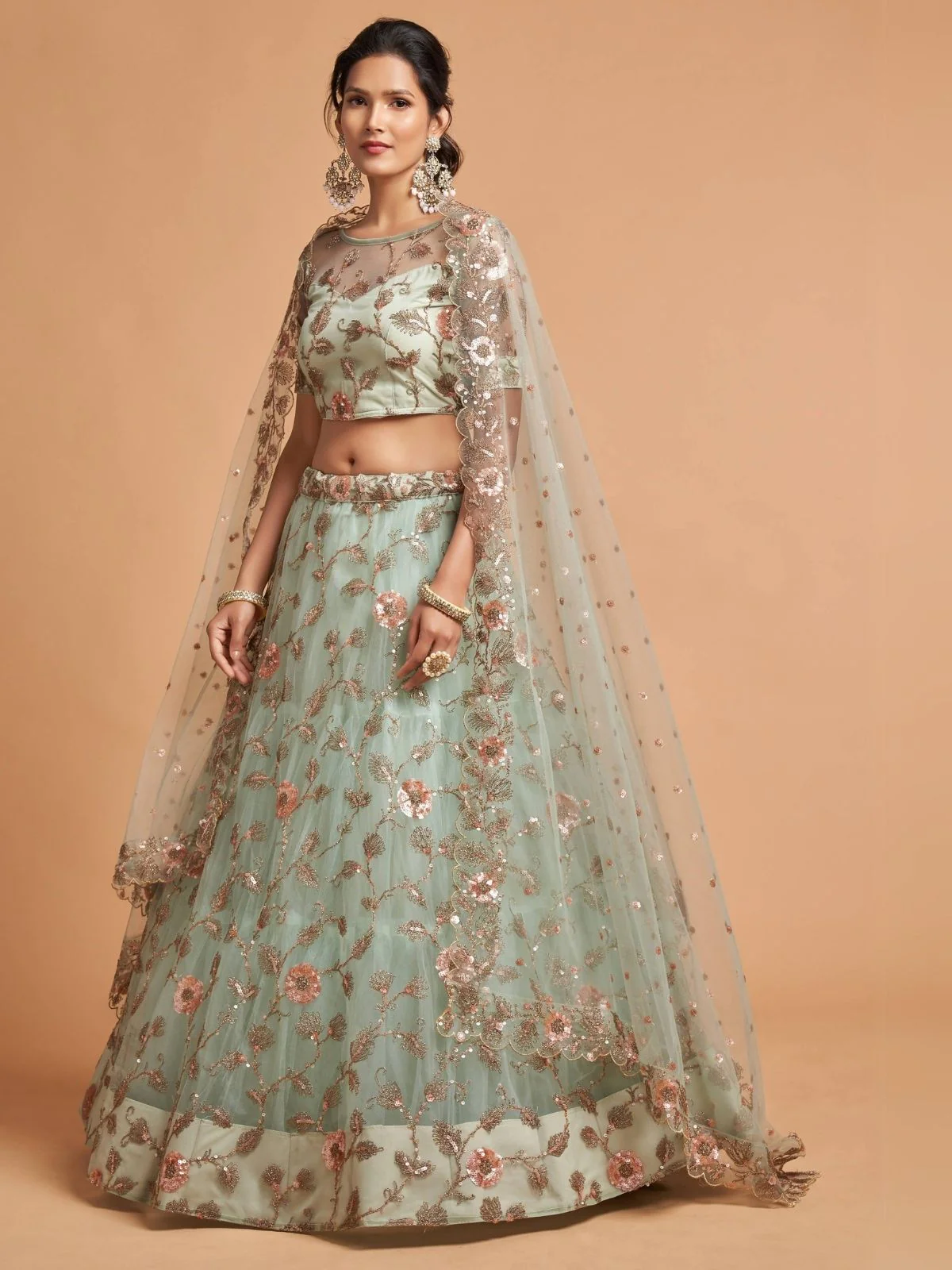 Odette Sea Green Soft Net Embroidered Semi Stitched Lehenga With Blouse For Women - Image 2
