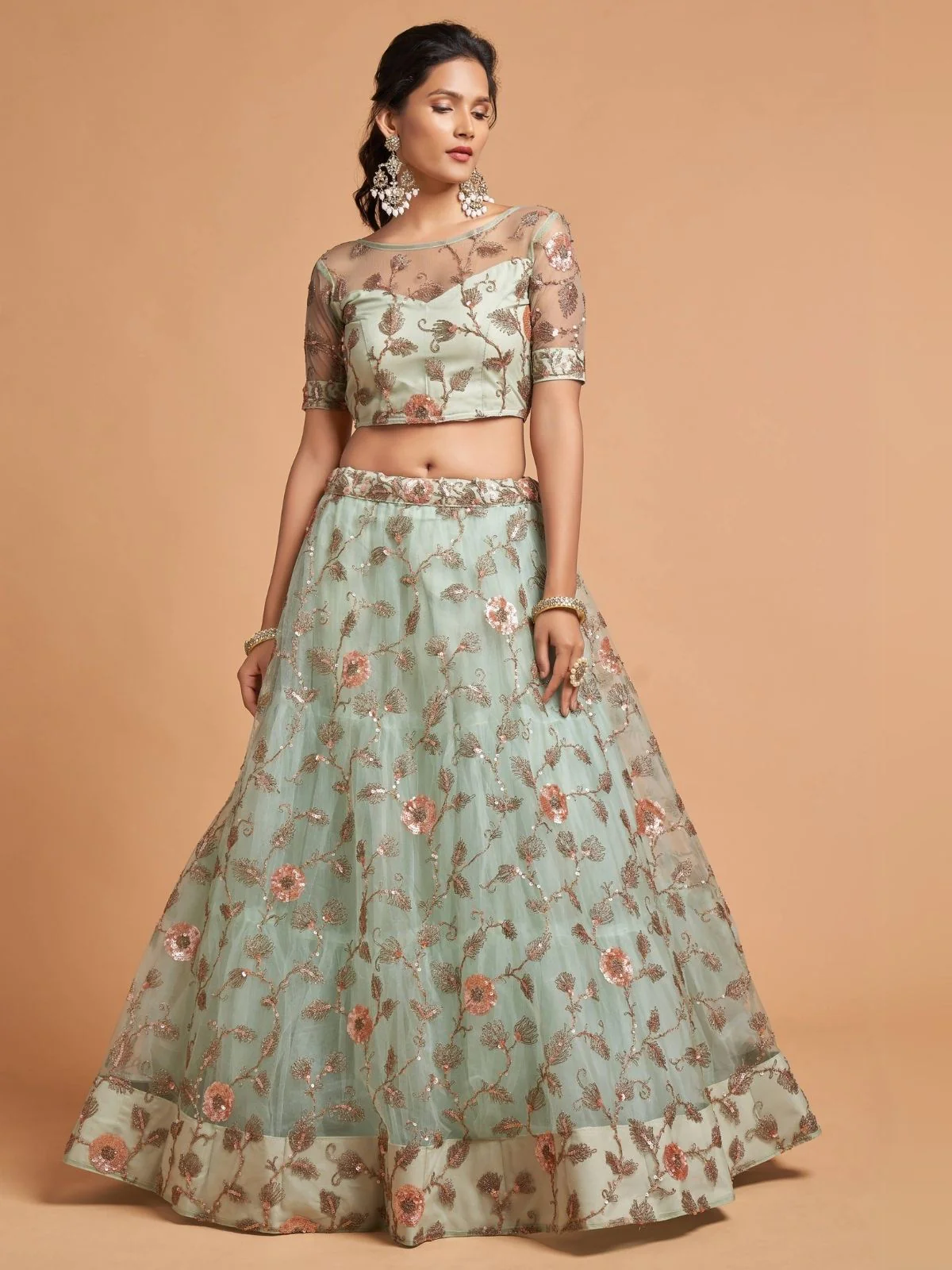 Odette Sea Green Soft Net Embroidered Semi Stitched Lehenga With Blouse For Women - Image 3