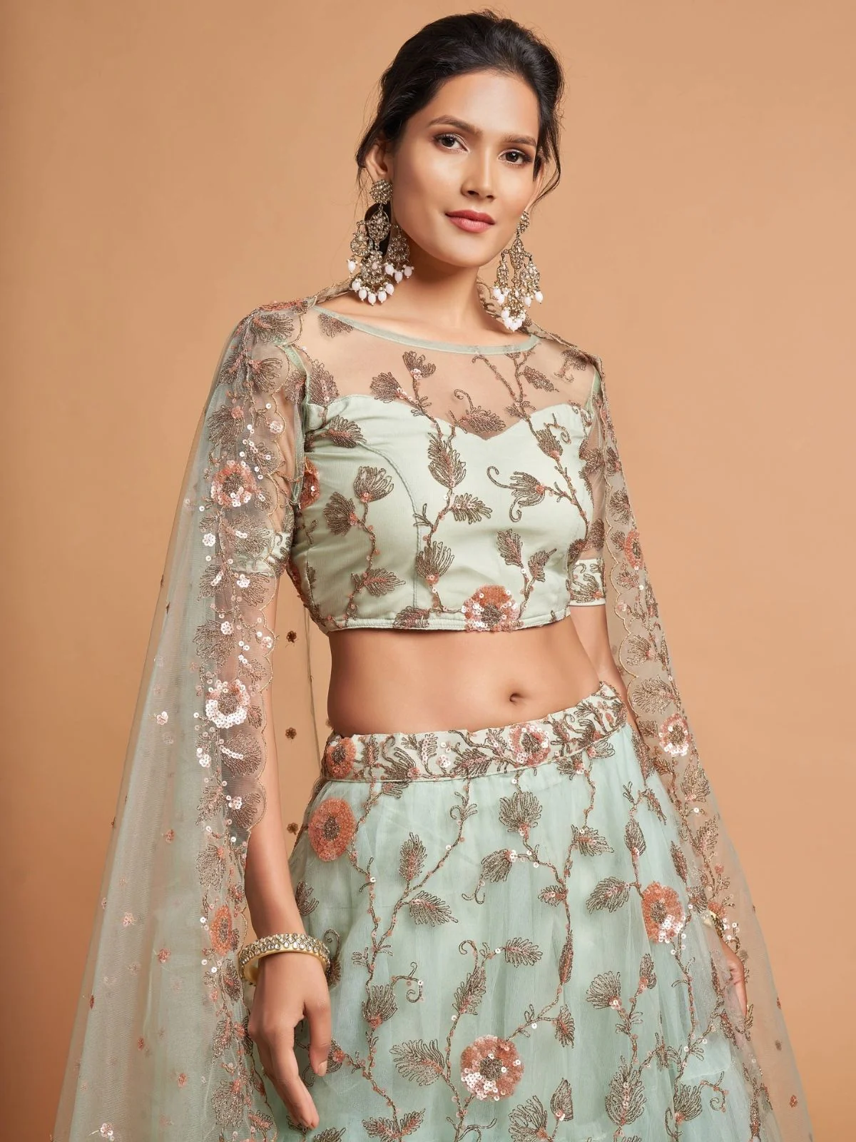 Odette Sea Green Soft Net Embroidered Semi Stitched Lehenga With Blouse For Women - Image 5