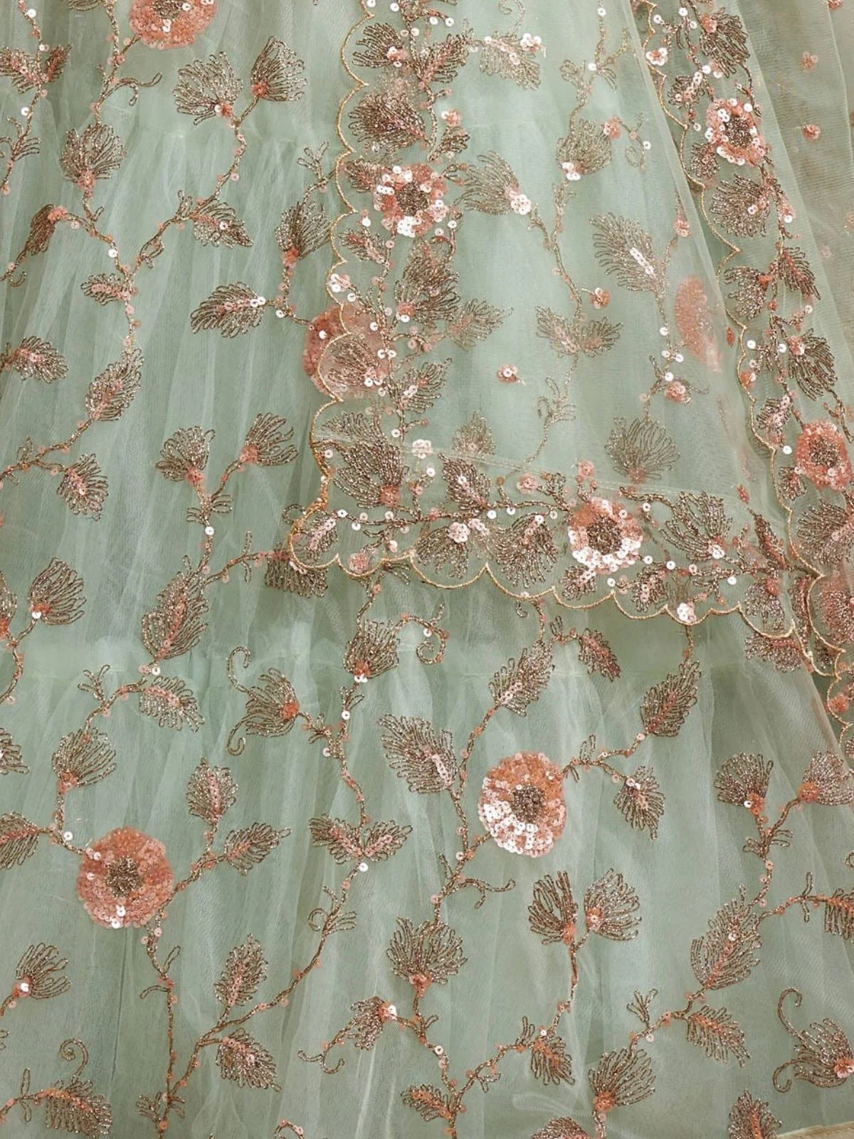 Odette Sea Green Soft Net Embroidered Semi Stitched Lehenga With Blouse For Women - Image 6