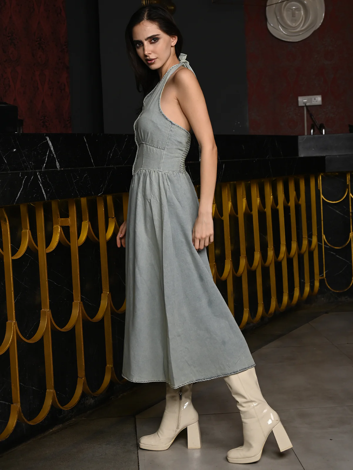 Odette Blue Solid Washed Denim Dress for Women - Image 3