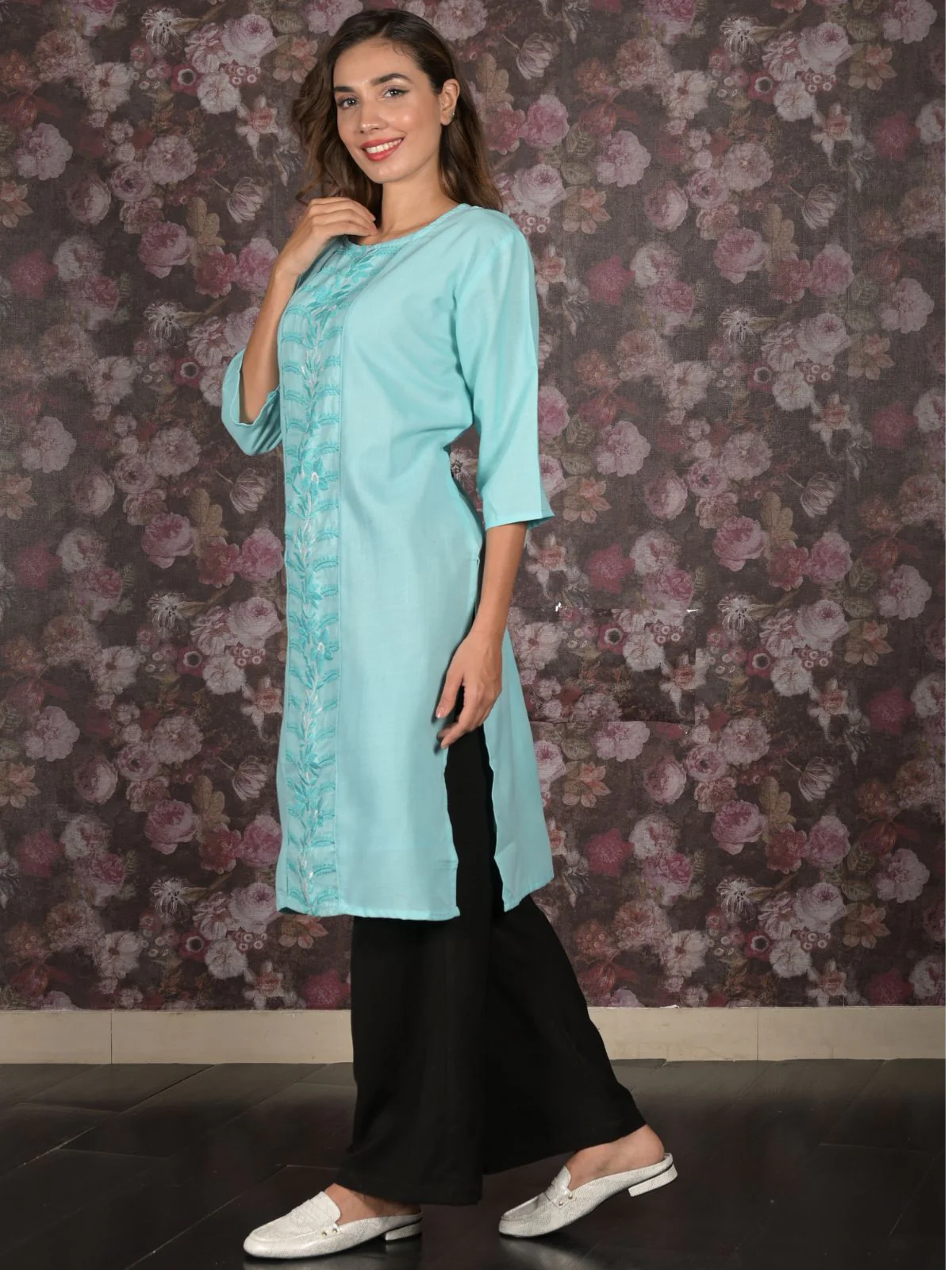 Odette Blue Straight Embroidered Stitched Kurta For Women - Image 2