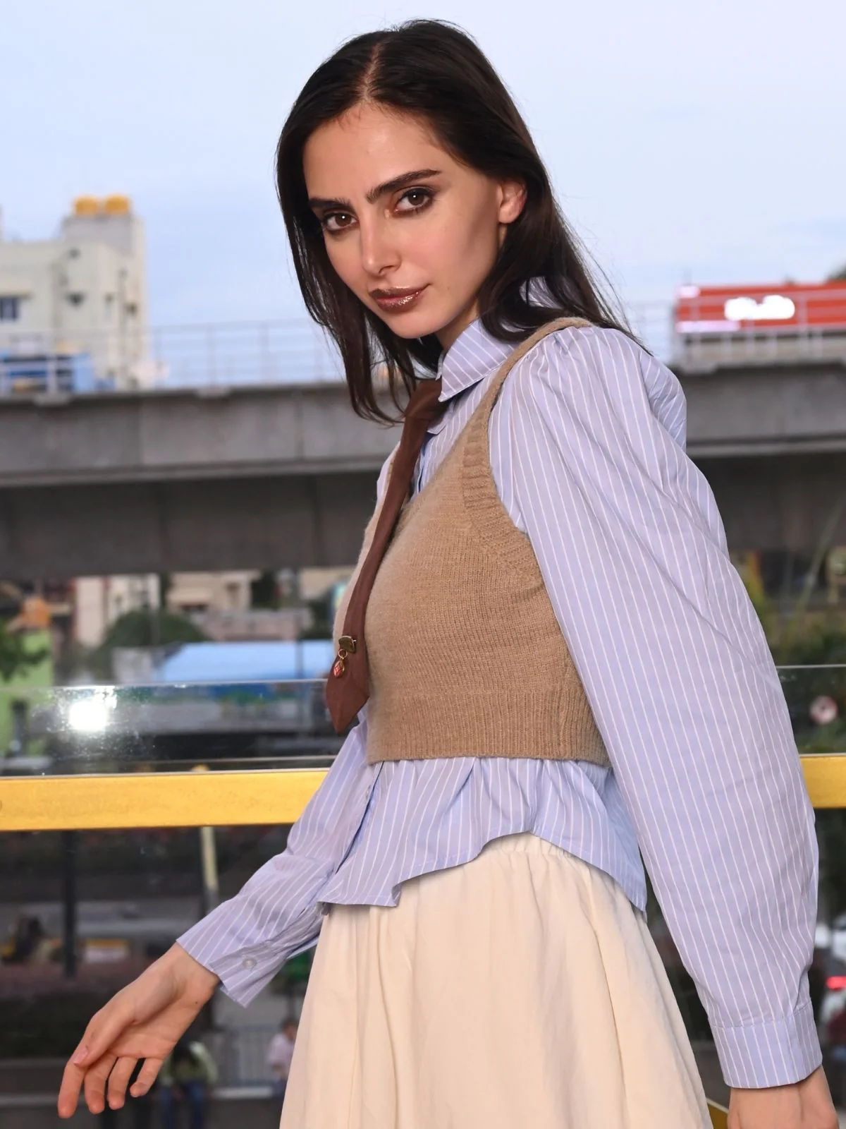 Odette Blue Stripe Poplin Shirt With Woolen Outer For Women - Image 4