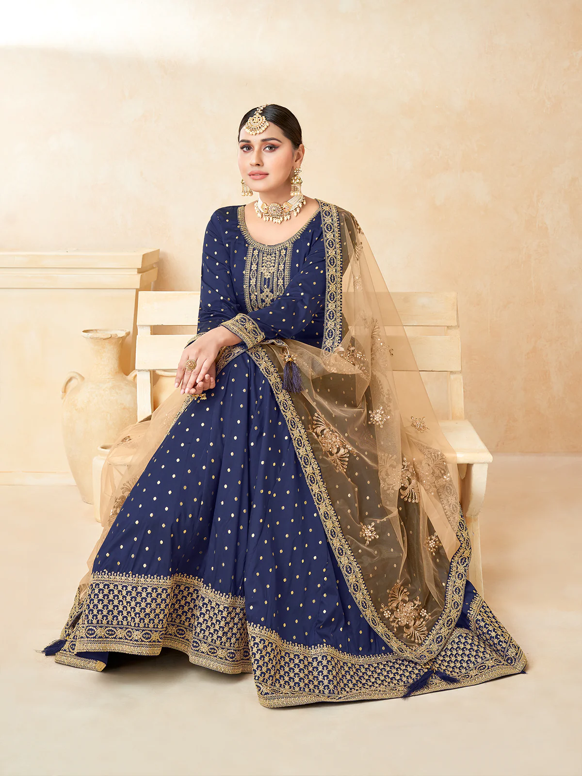 Odette Blue Tafeta Embroidered Semi stitched Kurta Set For Women - Image 2