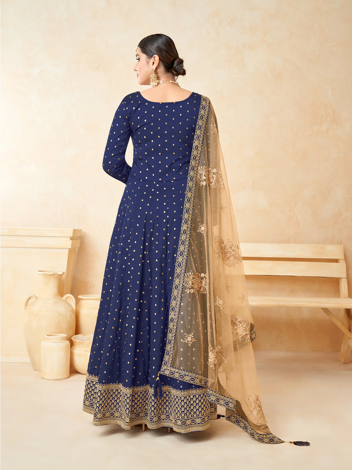 Odette Blue Tafeta Embroidered Semi stitched Kurta Set For Women - Image 3