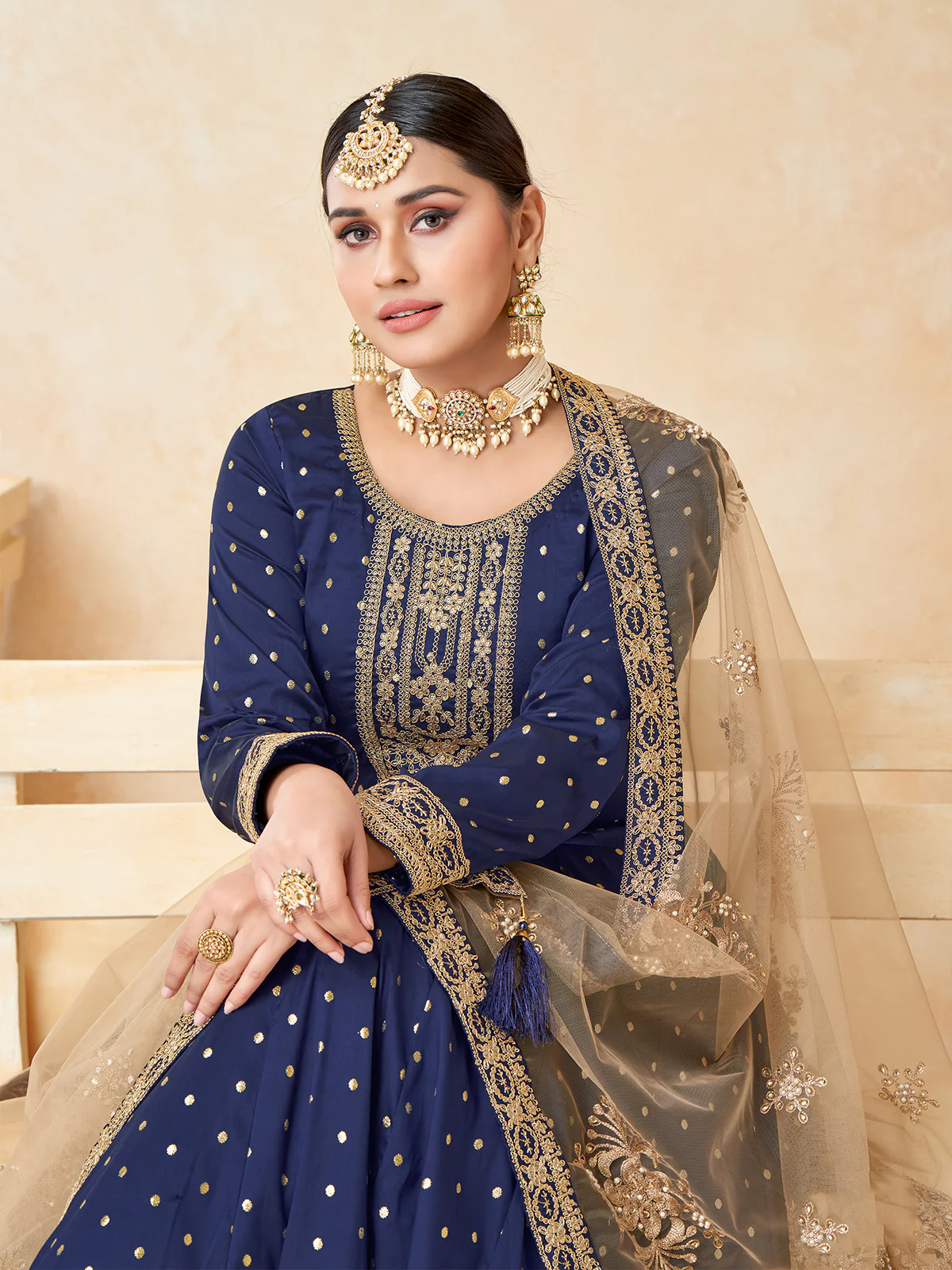 Odette Blue Tafeta Embroidered Semi stitched Kurta Set For Women - Image 4