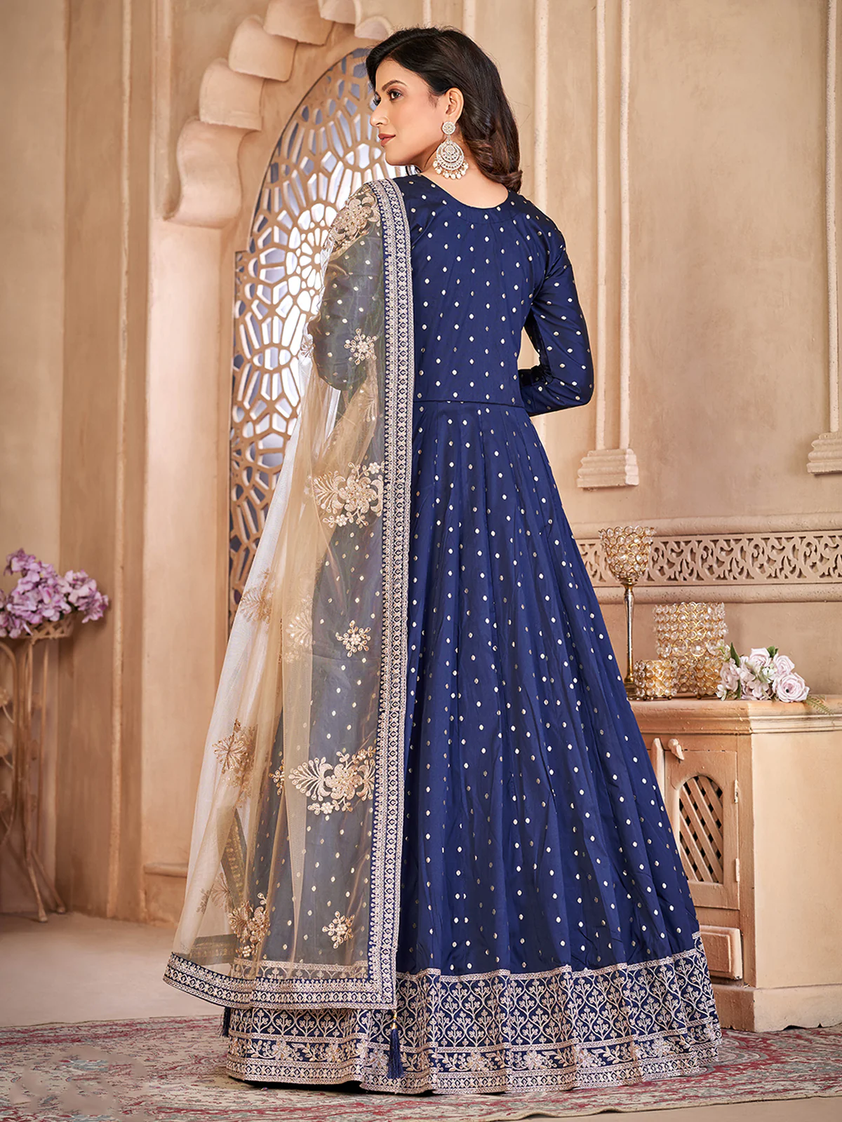 Odette Blue Tafeta Embroidered Semi stitched Kurta Set For Women - Image 3