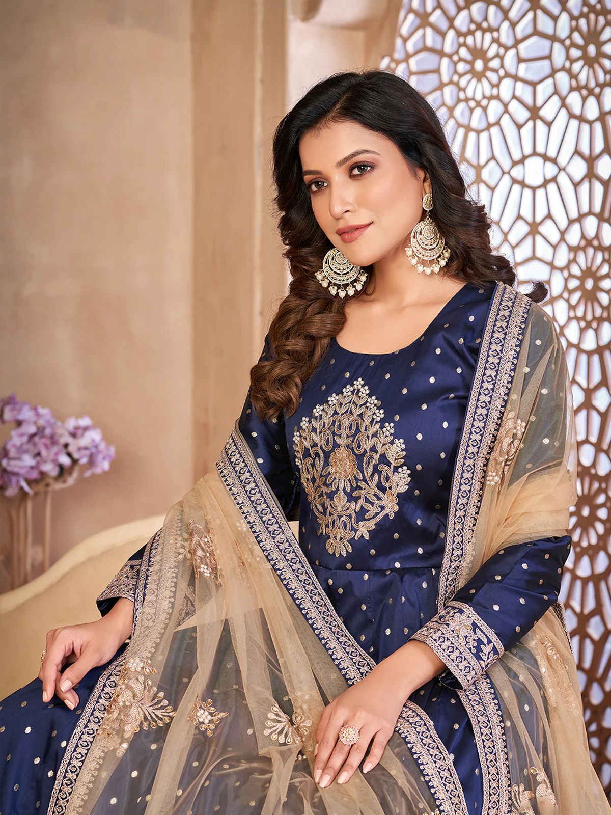 Odette Blue Tafeta Embroidered Semi stitched Kurta Set For Women - Image 4