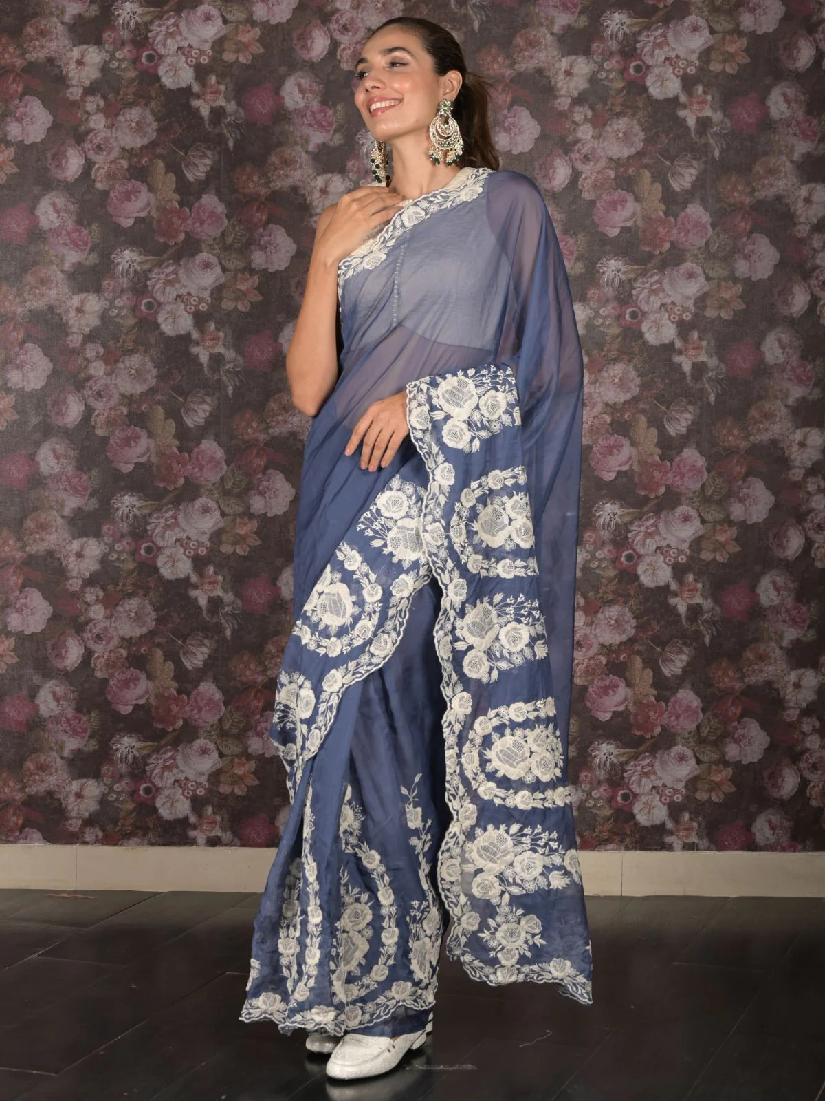 Odette Blue Thread Embroidered Organza Saree With Unstitched Blouse For Women - Image 2