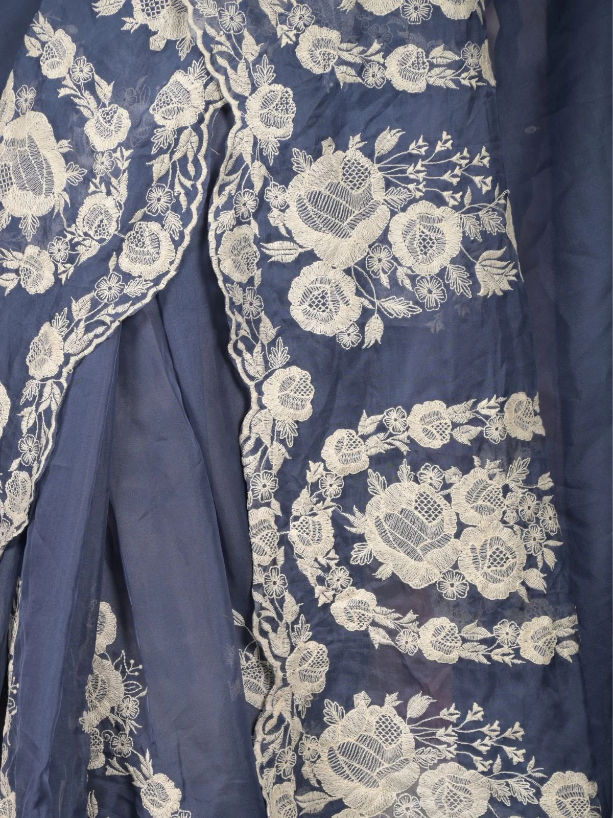 Odette Blue Thread Embroidered Organza Saree With Unstitched Blouse For Women - Image 5
