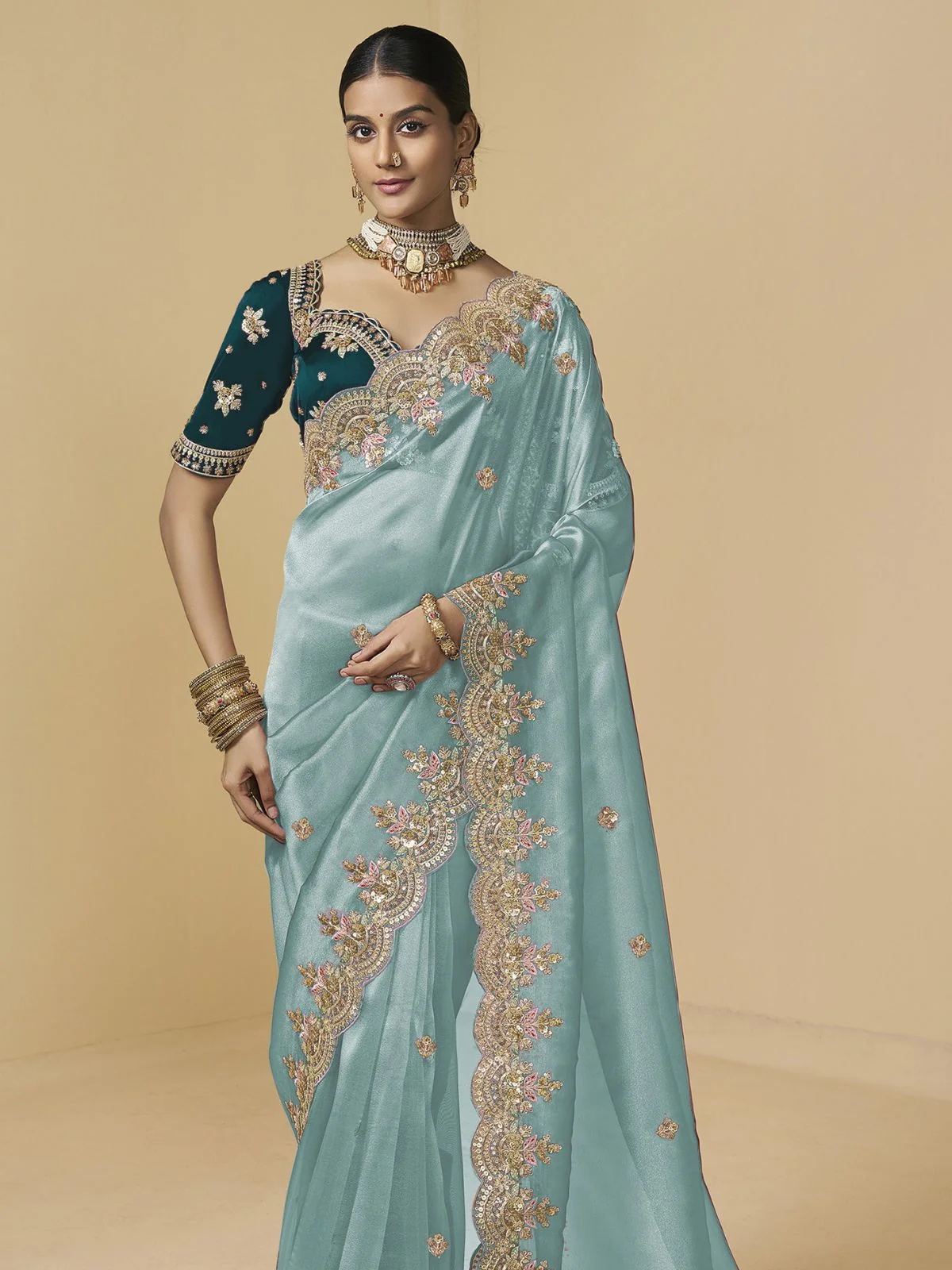 Odette Blue Tissue Embellished Saree For Women - Image 2
