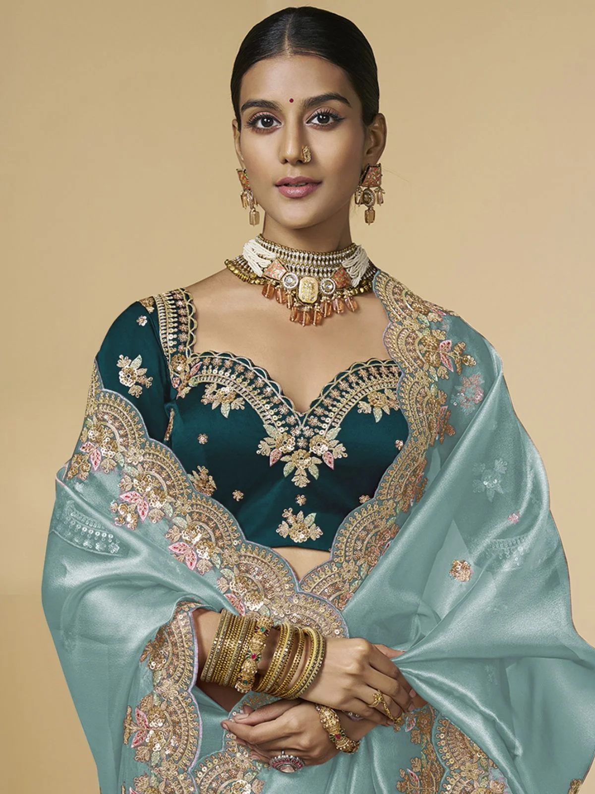 Odette Blue Tissue Embellished Saree For Women - Image 3