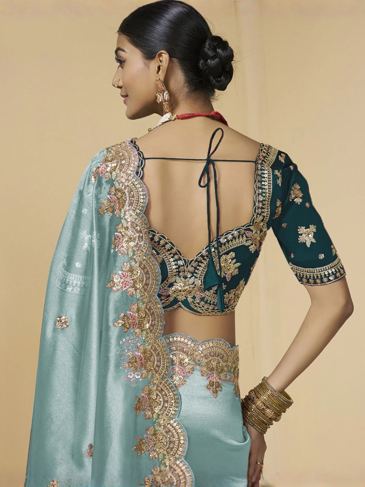 Odette Blue Tissue Embellished Saree For Women - Image 4