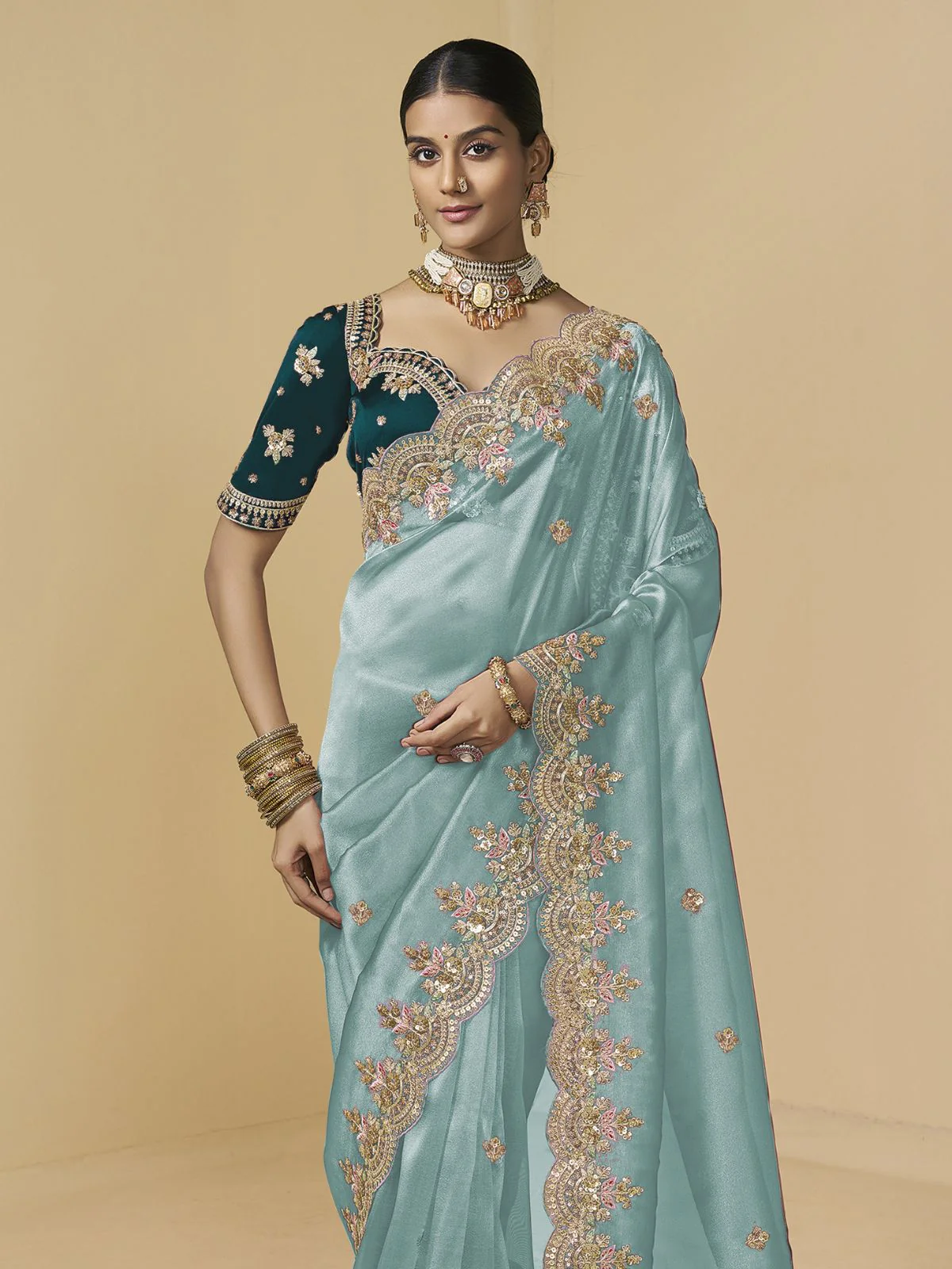 Odette Blue Tissue Embellished Saree For Women - Image 5