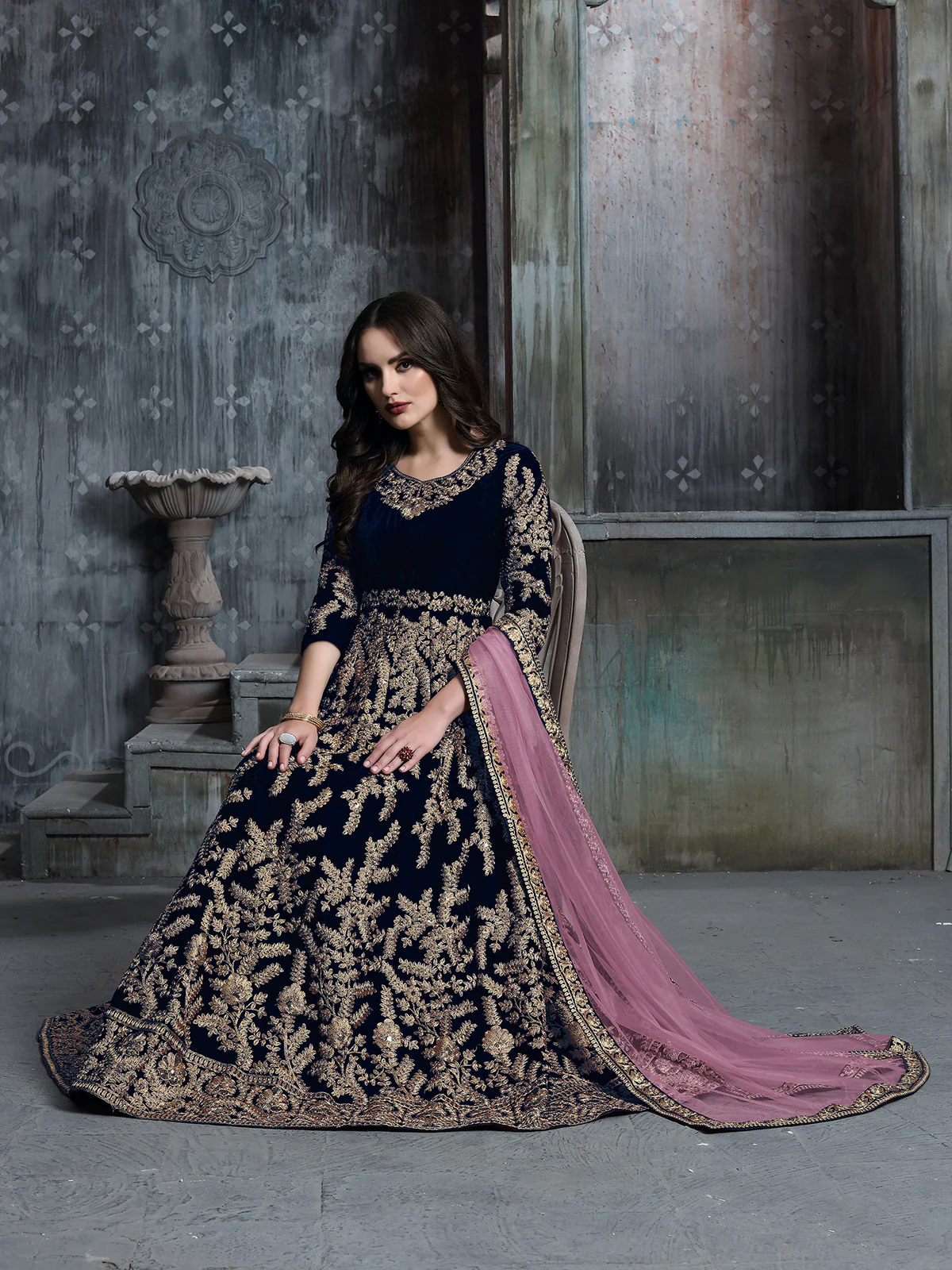 Odette Blue Velvet Embroidered Semi stitched Kurta Set For Women - Image 2