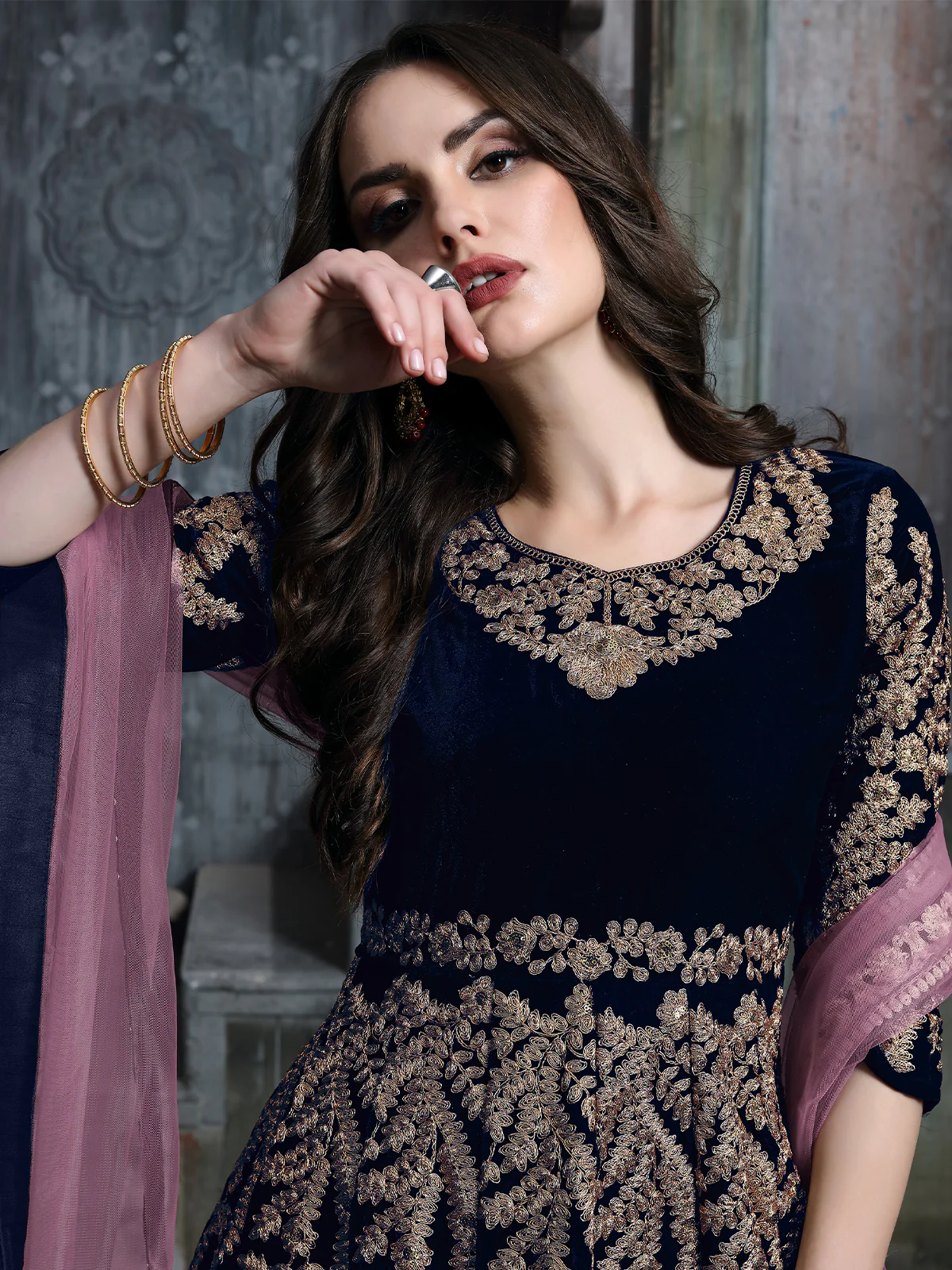 Odette Blue Velvet Embroidered Semi stitched Kurta Set For Women - Image 3