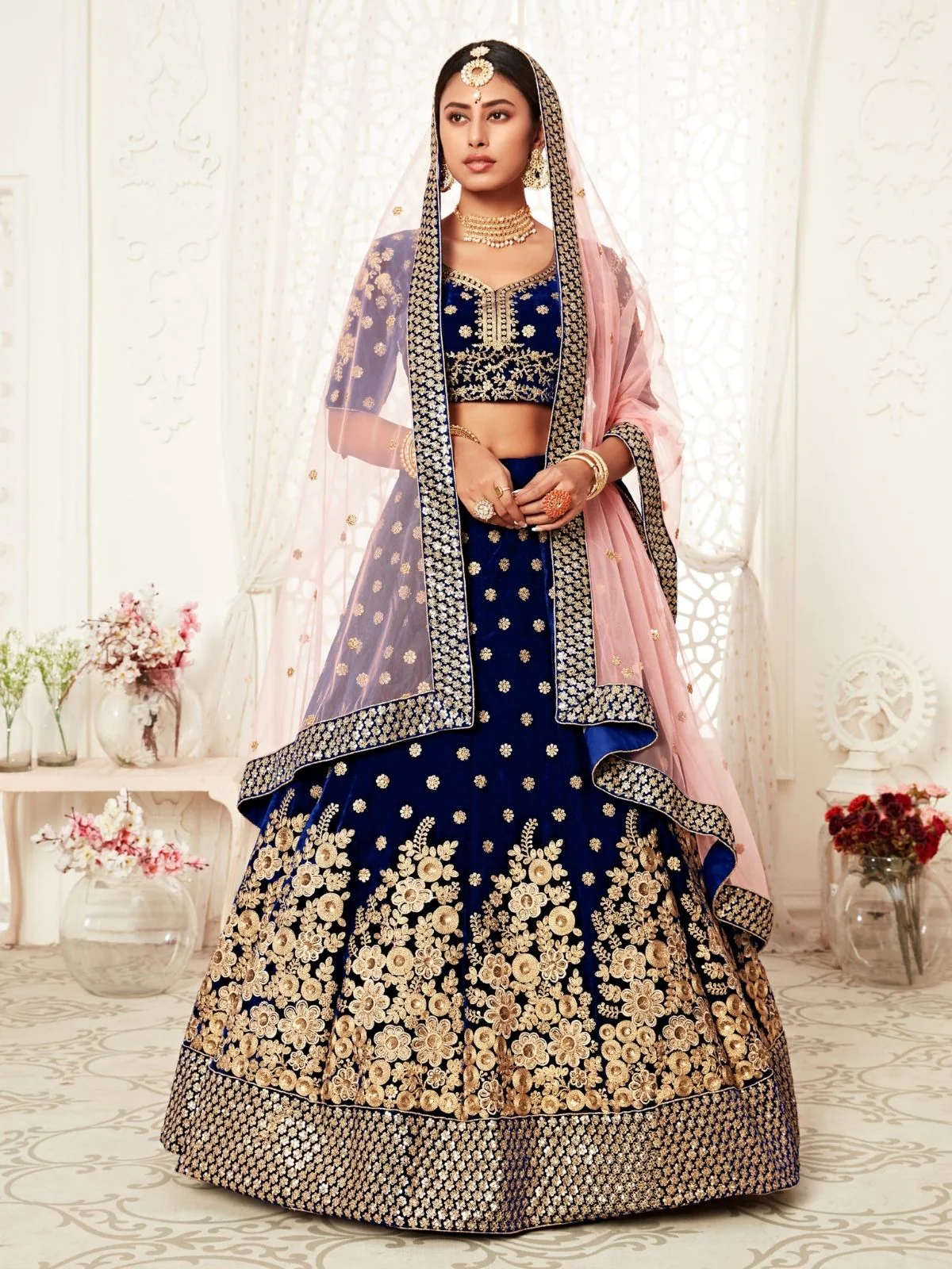 Odette Blue Velvet Embroidered Semi Stitched Lehenga With Unstitched Blouse For Women