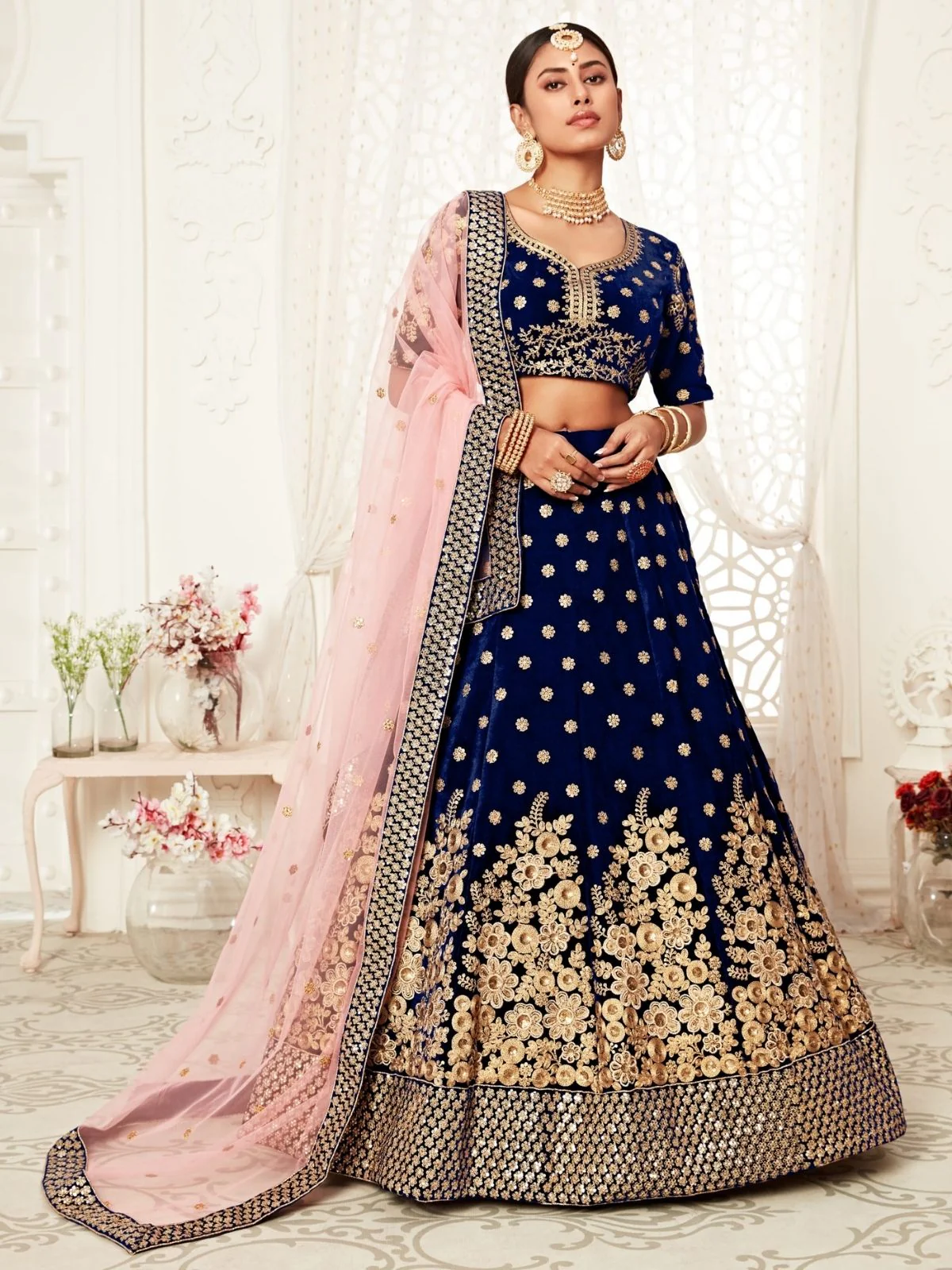 Odette Blue Velvet Embroidered Semi Stitched Lehenga With Unstitched Blouse For Women - Image 2
