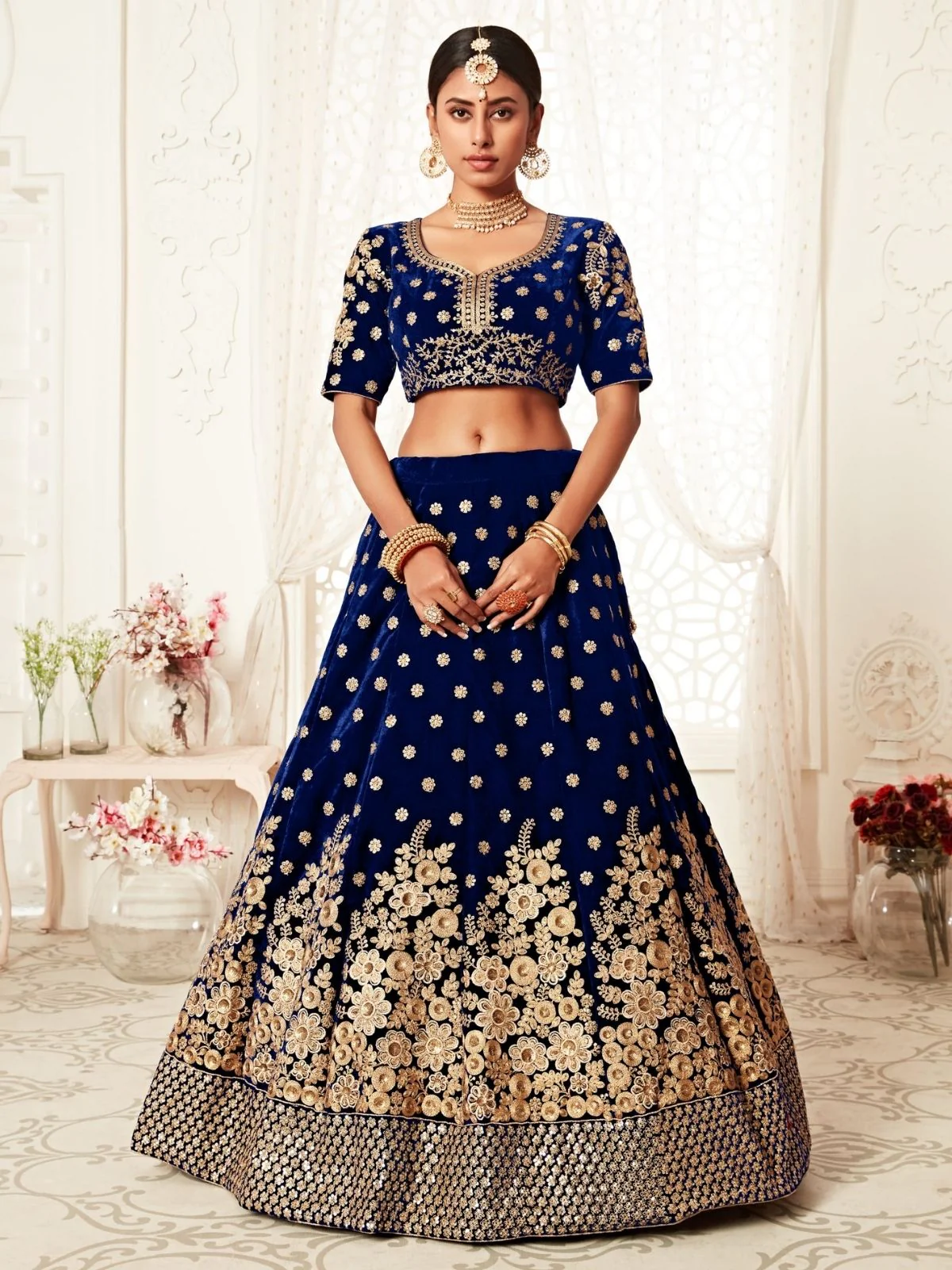 Odette Blue Velvet Embroidered Semi Stitched Lehenga With Unstitched Blouse For Women - Image 3