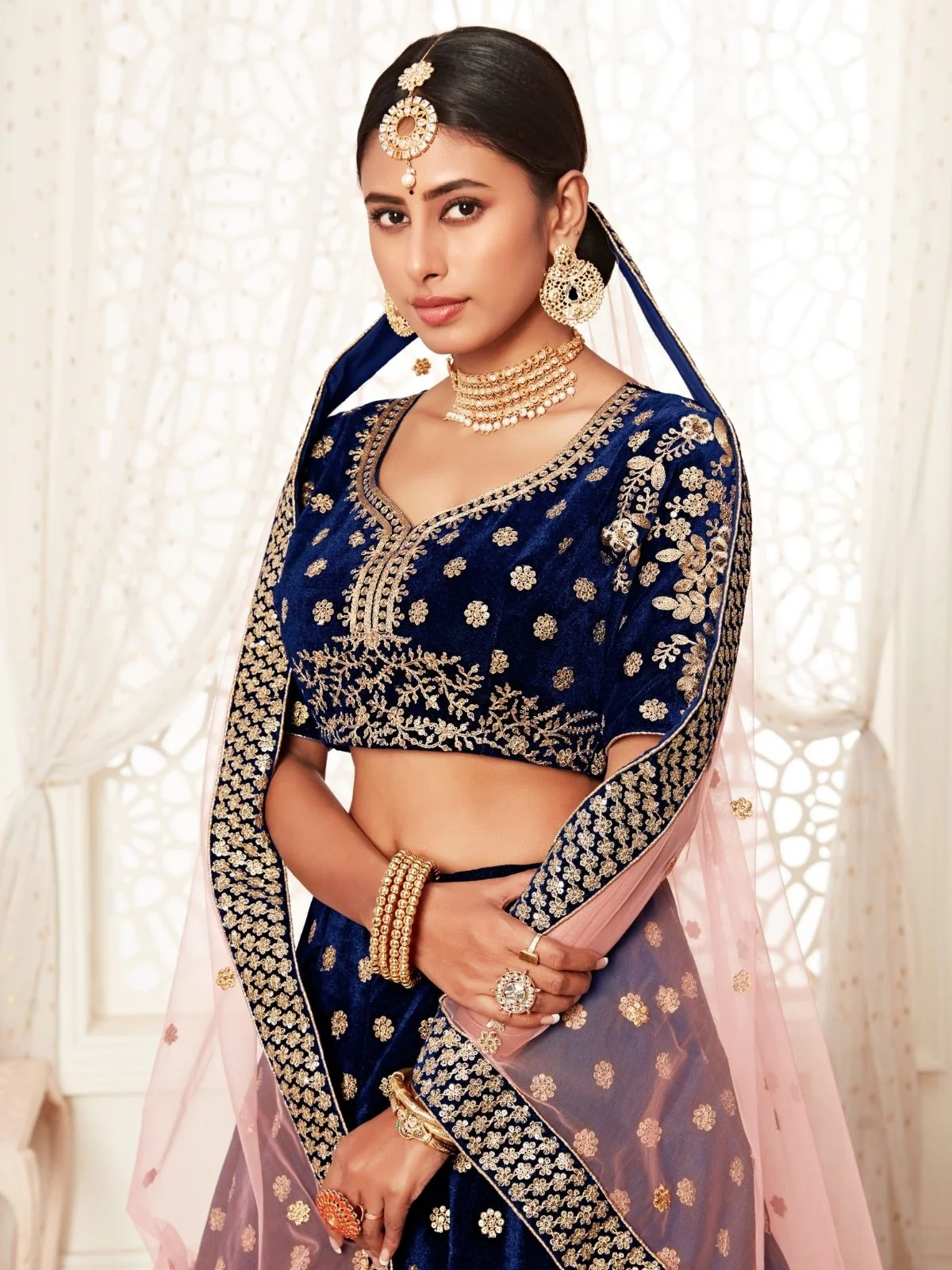 Odette Blue Velvet Embroidered Semi Stitched Lehenga With Unstitched Blouse For Women - Image 5