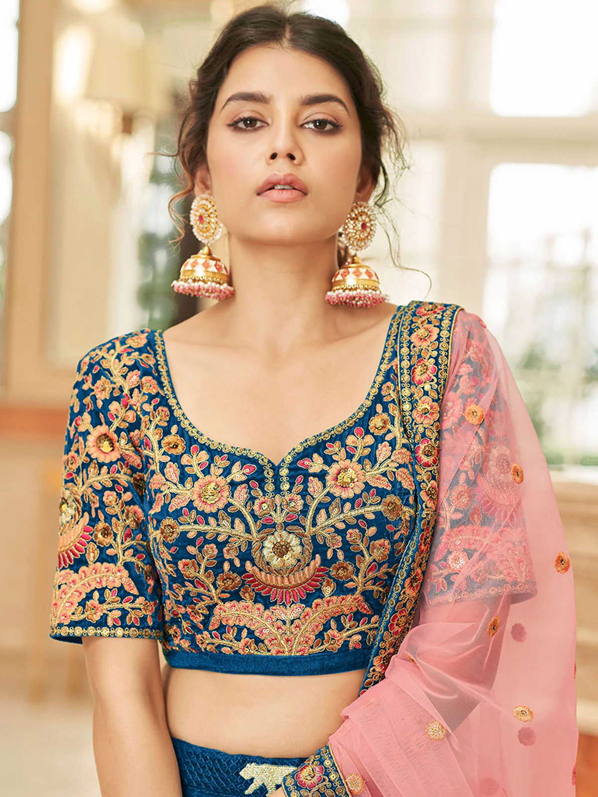 Odette Blue Velvet Embroidered Semi Stitched Lehenga With Unstitched Blouse For Women - Image 4