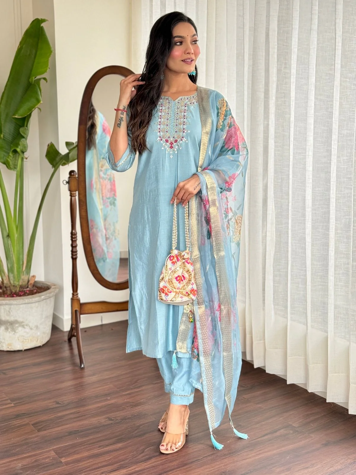 Odette Blue Viscose chanderi Embroidered Stitched Kurta Set For Women - Image 2