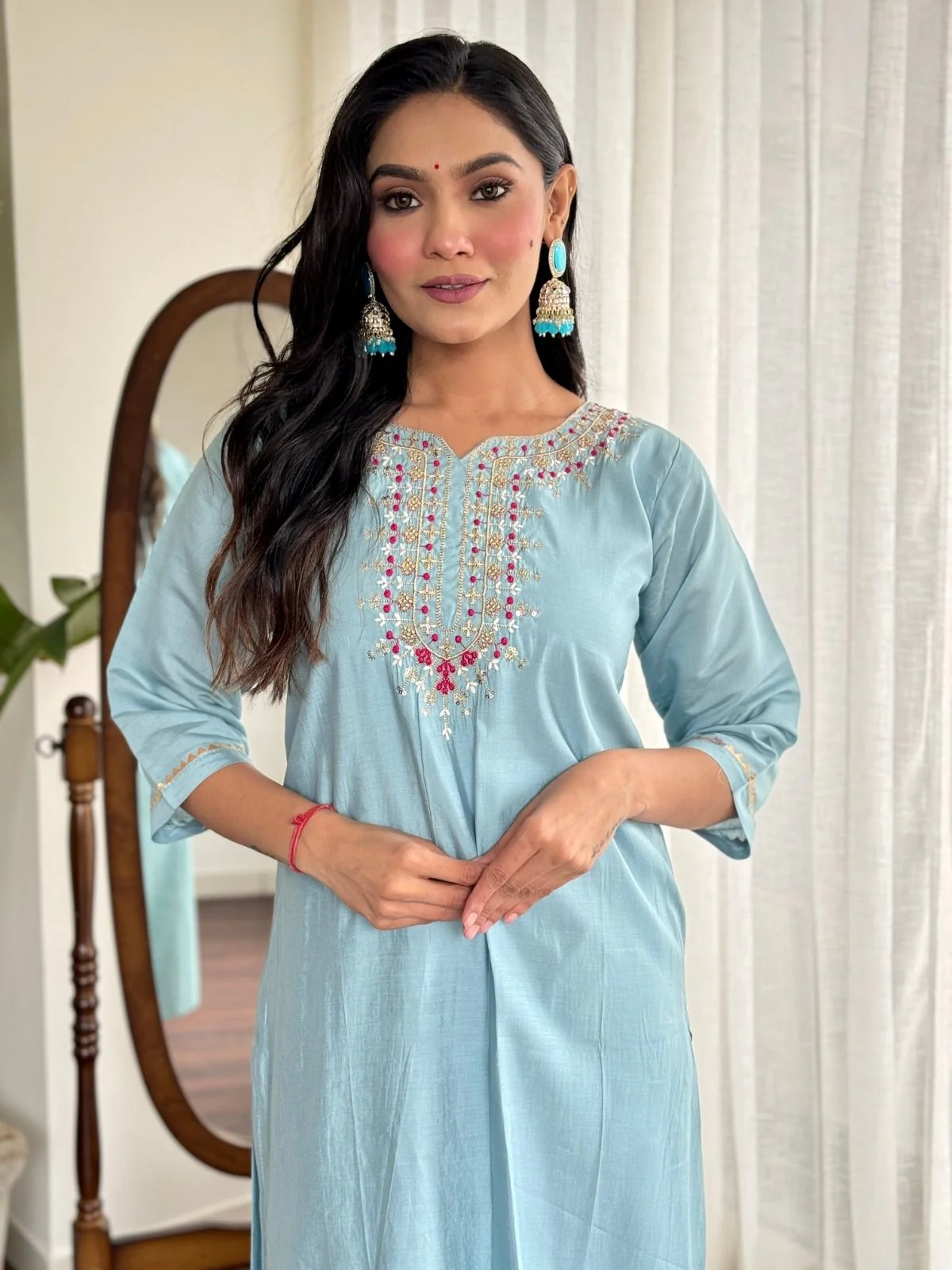 Odette Blue Viscose chanderi Embroidered Stitched Kurta Set For Women - Image 4