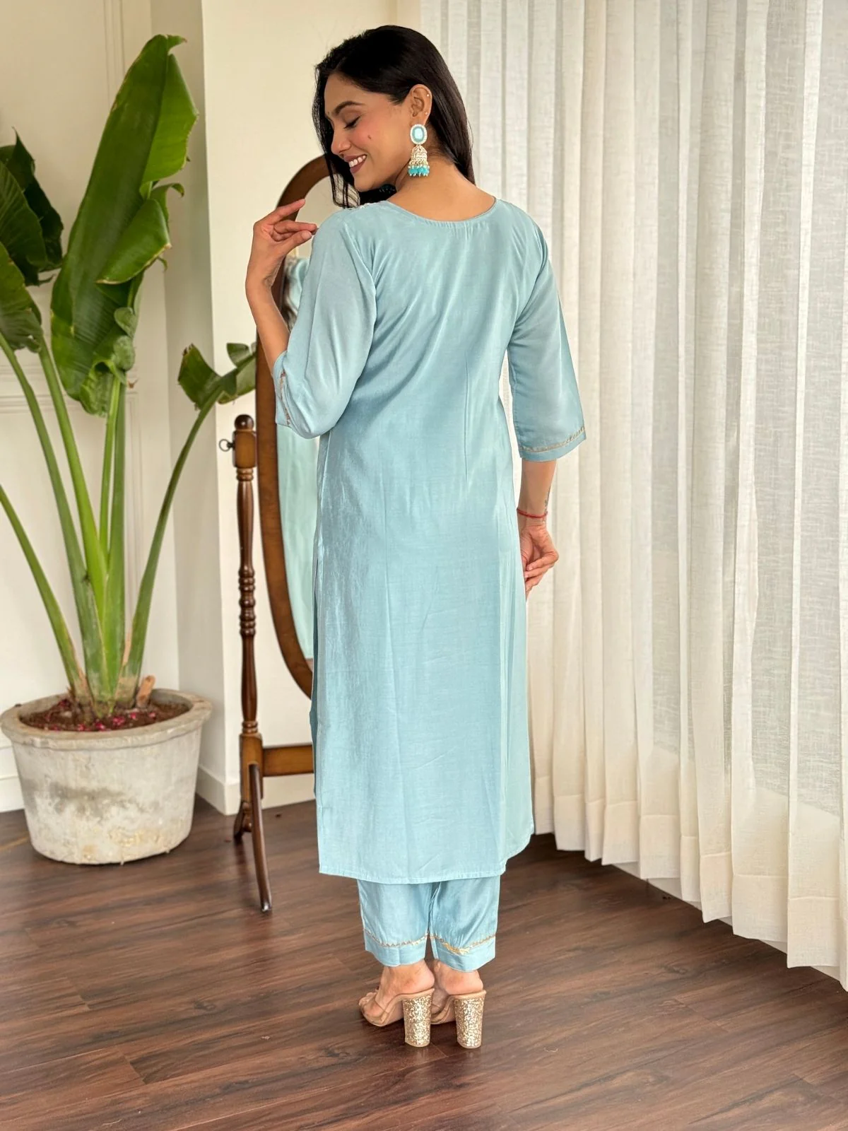 Odette Blue Viscose chanderi Embroidered Stitched Kurta Set For Women - Image 6