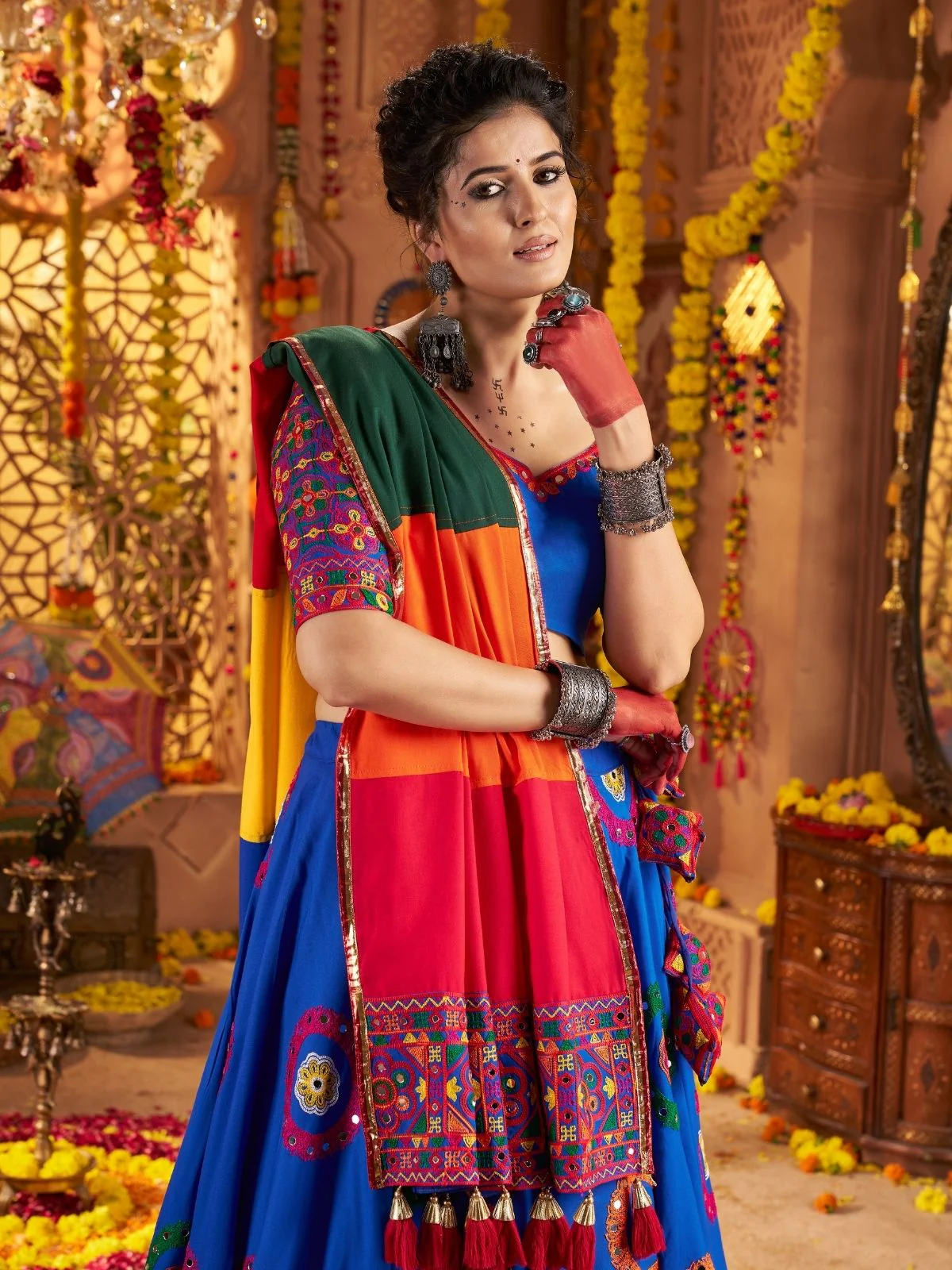 Odette Blue Viscose Cotton Embroidered Semi-Stitched lehenga With Stunning Tassels For Women - Image 3