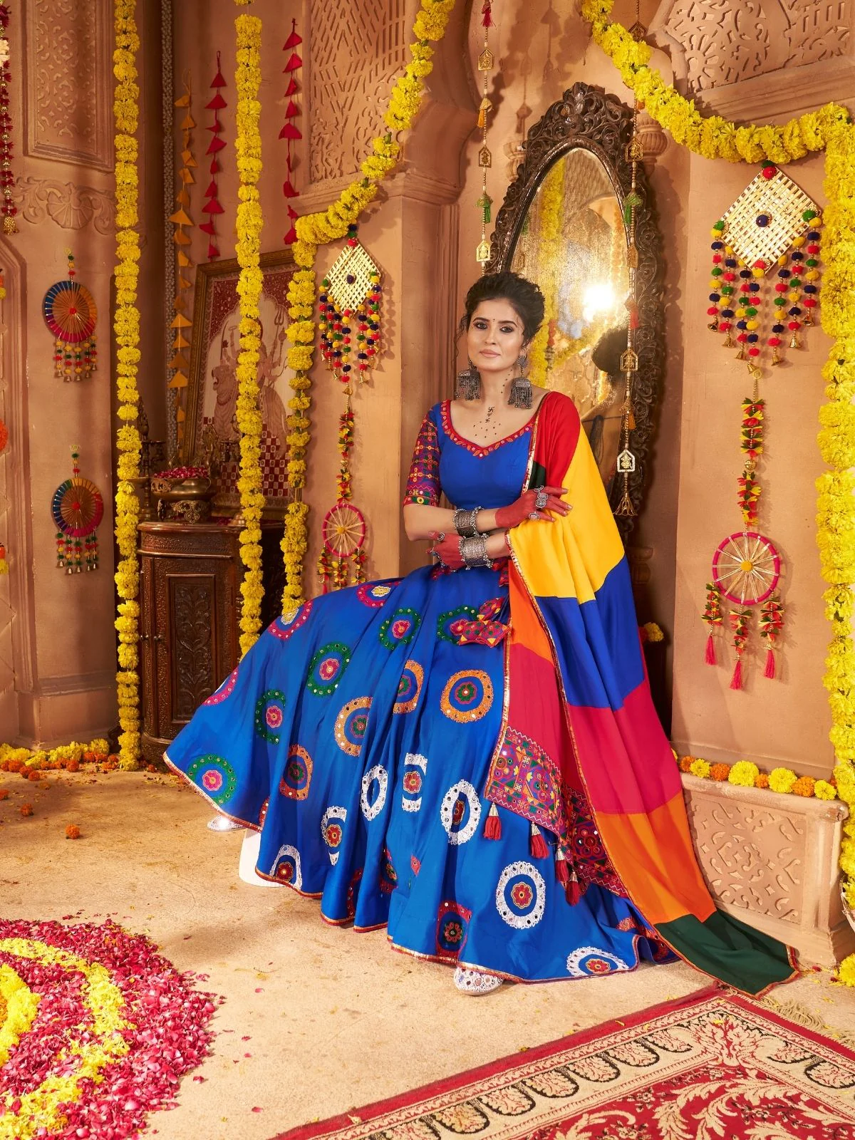 Odette Blue Viscose Cotton Embroidered Semi-Stitched lehenga With Stunning Tassels For Women - Image 5