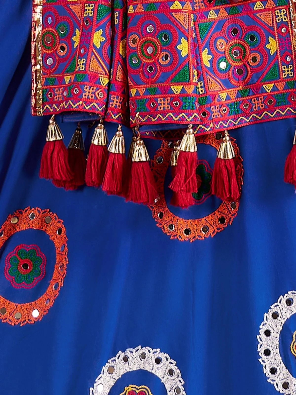 Odette Blue Viscose Cotton Embroidered Semi-Stitched lehenga With Stunning Tassels For Women - Image 7
