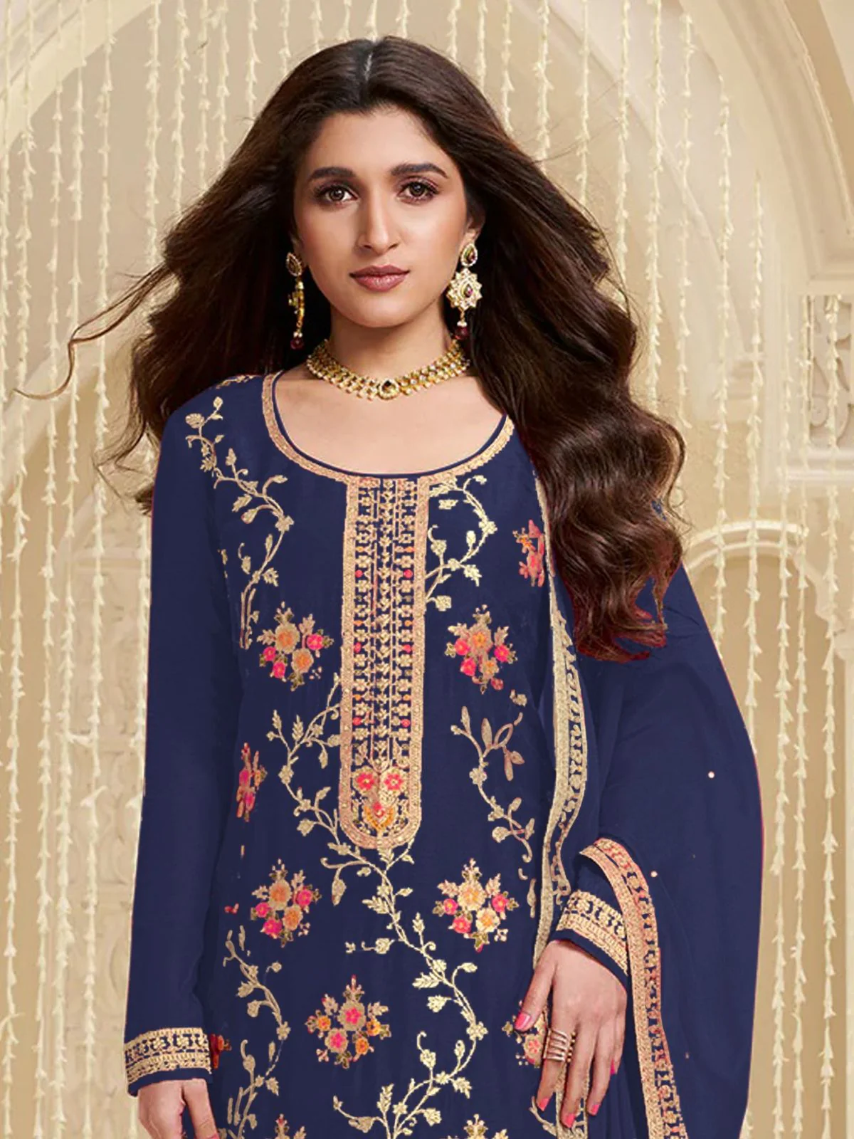 Odette Dark Blue Viscose Embroidered Semi-Stitched Kurta Set For Women - Image 2