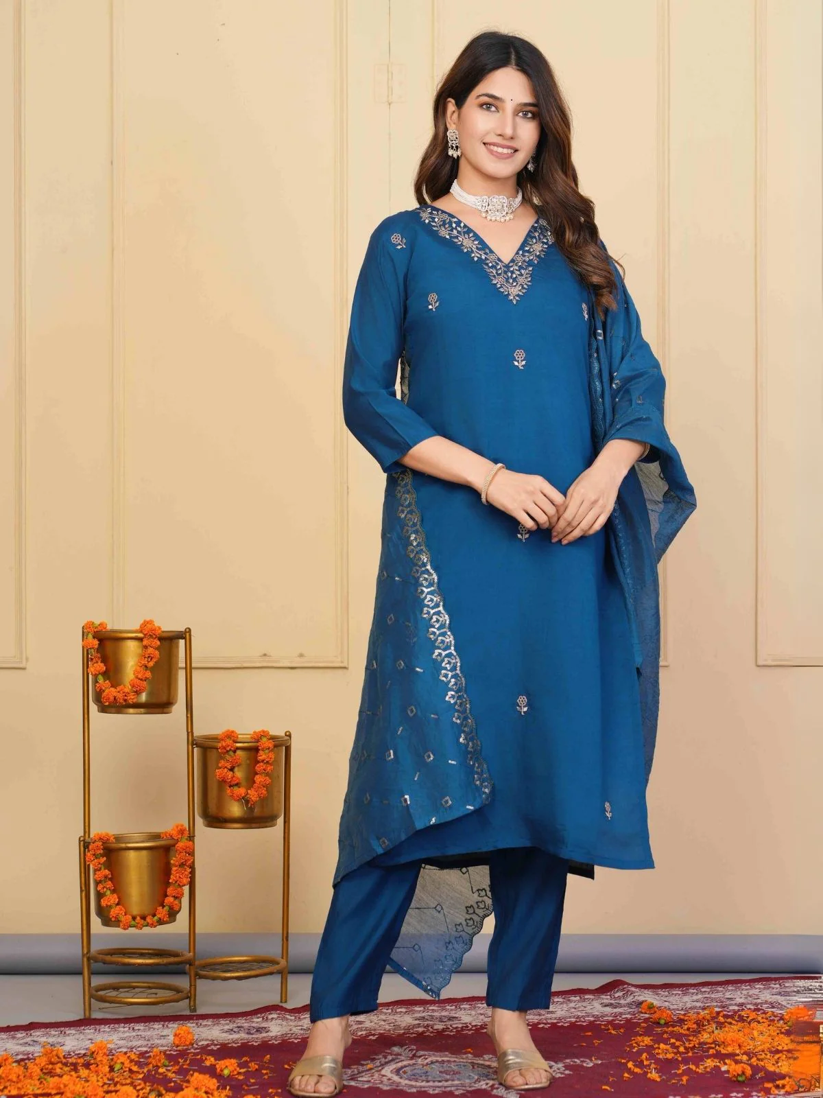 Odette Blue Viscose Embroidered Stitched Kurta Set For Women - Image 2