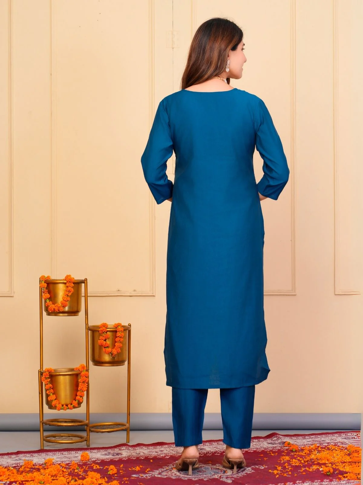 Odette Blue Viscose Embroidered Stitched Kurta Set For Women - Image 3