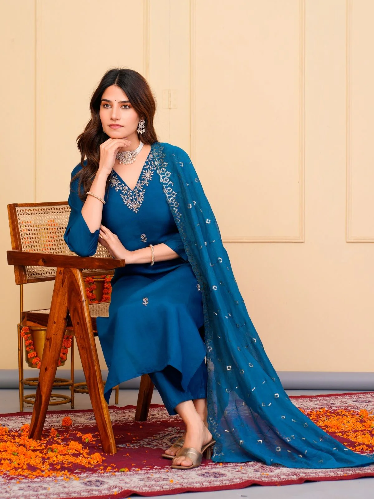 Odette Blue Viscose Embroidered Stitched Kurta Set For Women - Image 5