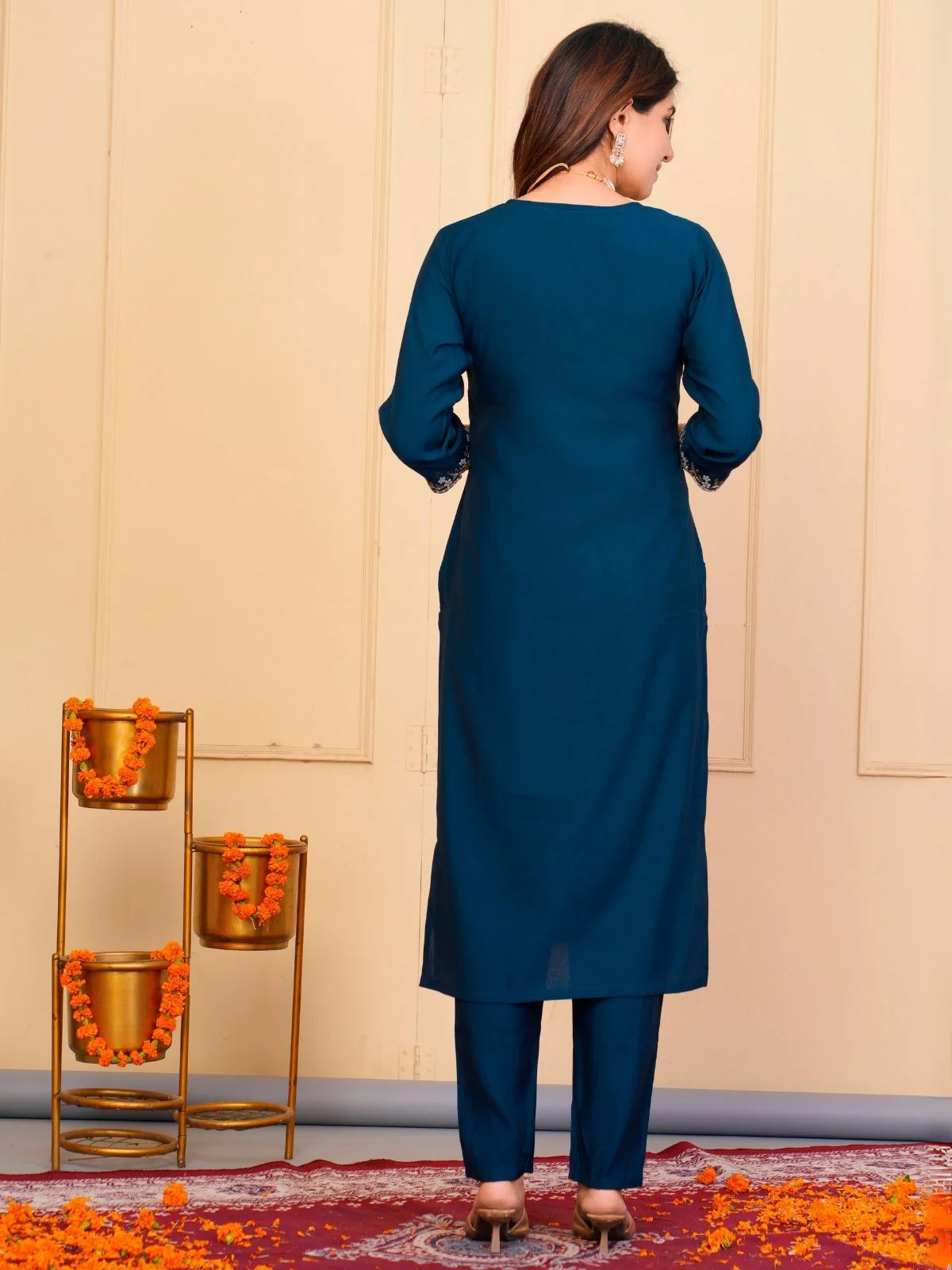 Odette Blue Viscose Embroidered Stitched Kurta Set For Women - Image 3