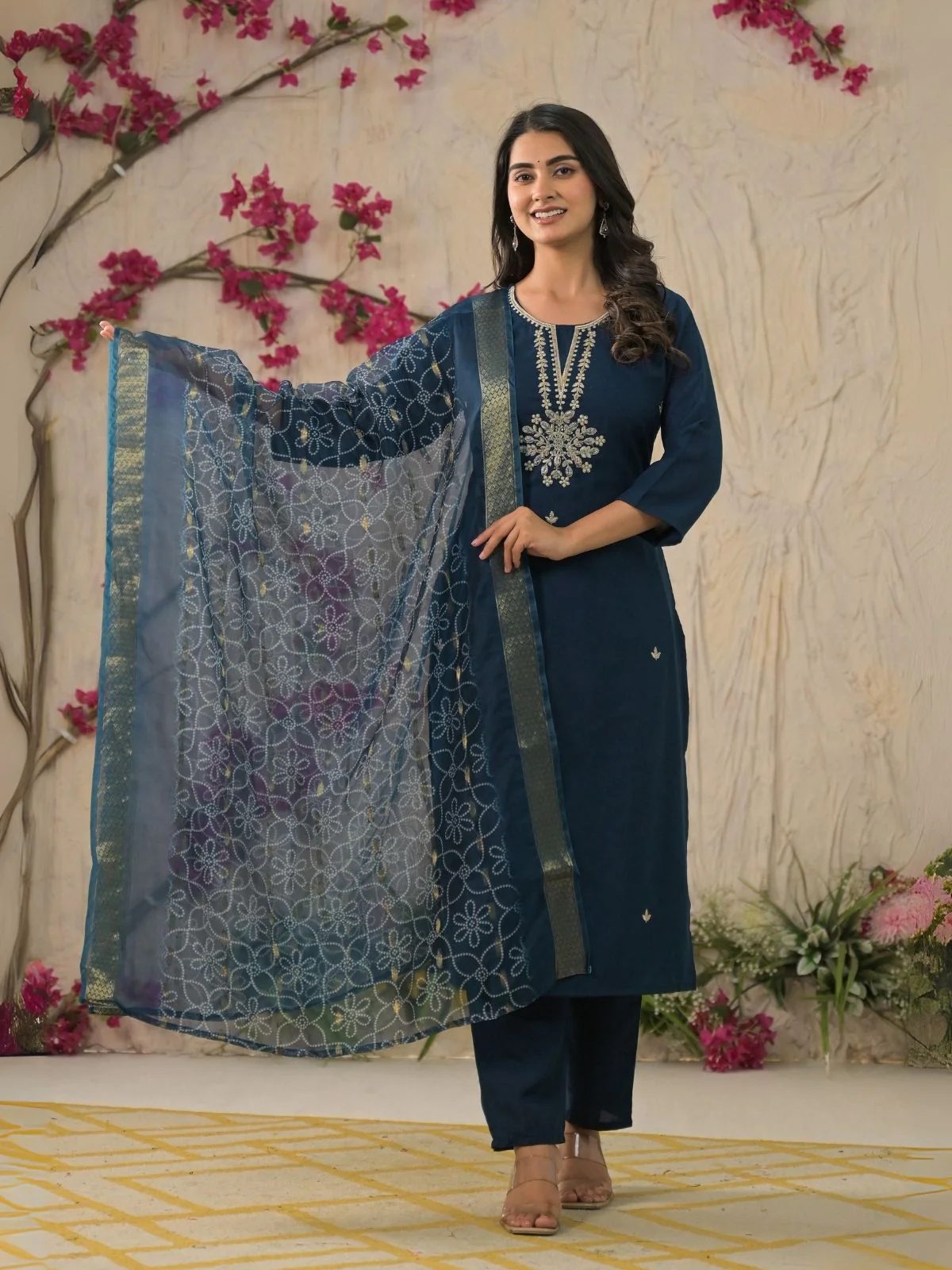 Odette Blue Viscose Rayon Embroidered Stitched Kurta Set For Women - Image 2