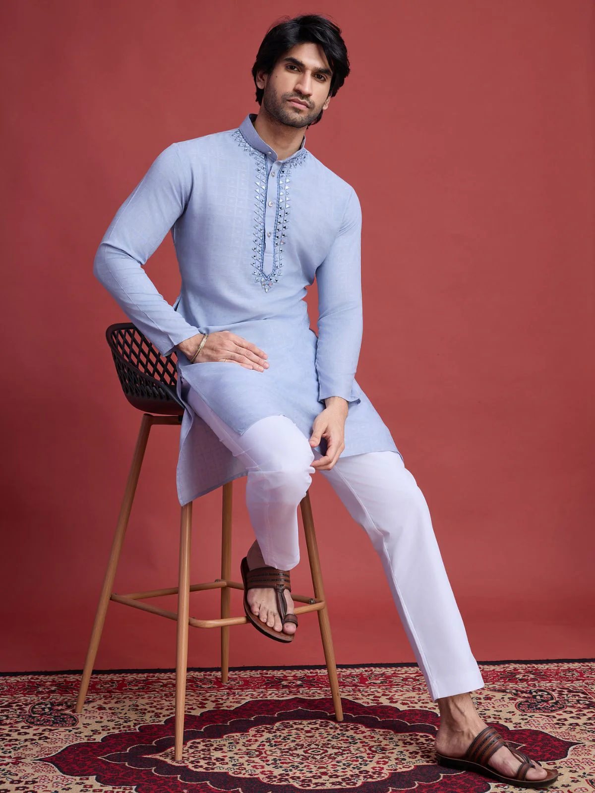 Odette Blue Viscose Rayon Mirror Work Stitched Kurta For Men - Image 4
