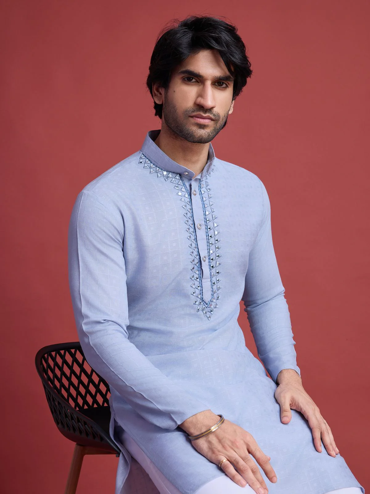 Odette Blue Viscose Rayon Mirror Work Stitched Kurta For Men - Image 5