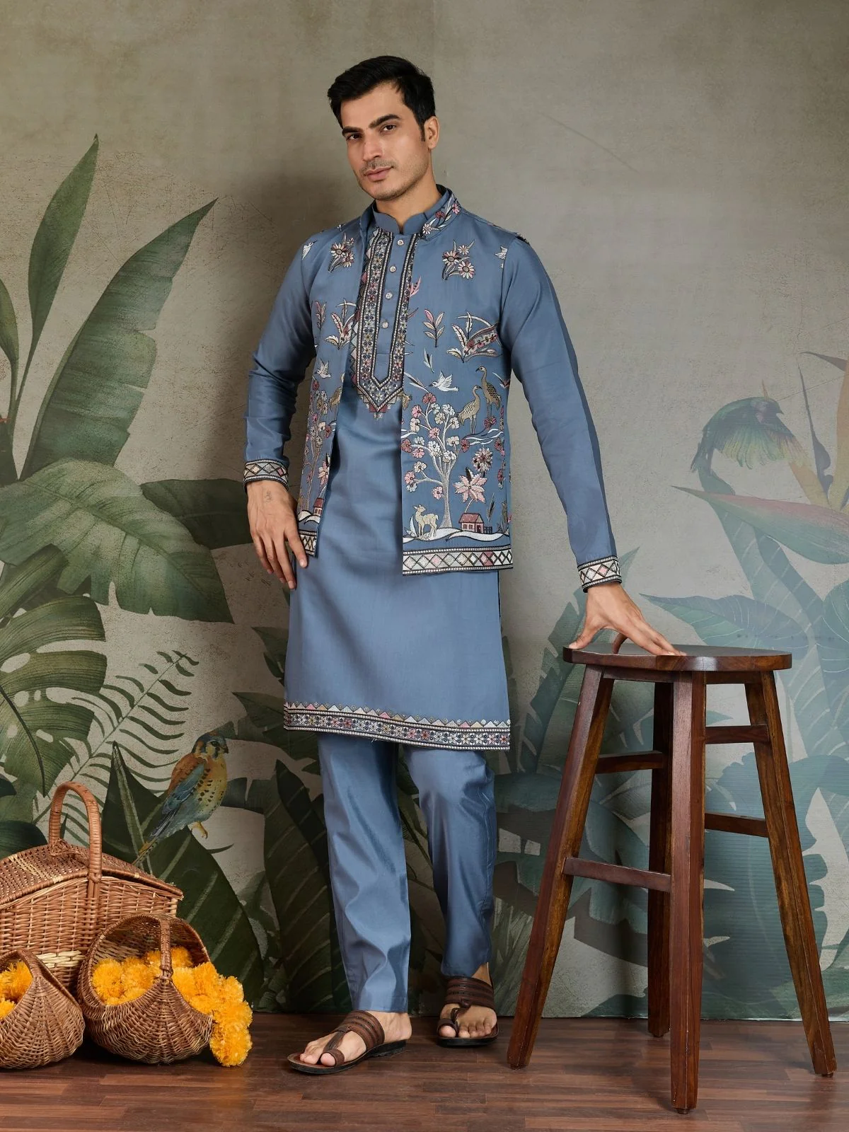 Odette Blue Viscose Silk Embroidered Stitched Kurta Set For Men - Image 2