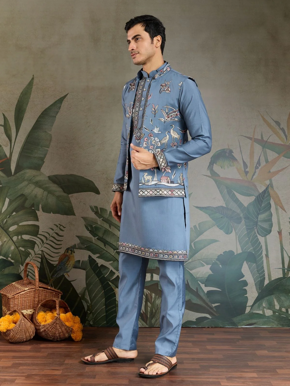 Odette Blue Viscose Silk Embroidered Stitched Kurta Set For Men - Image 3