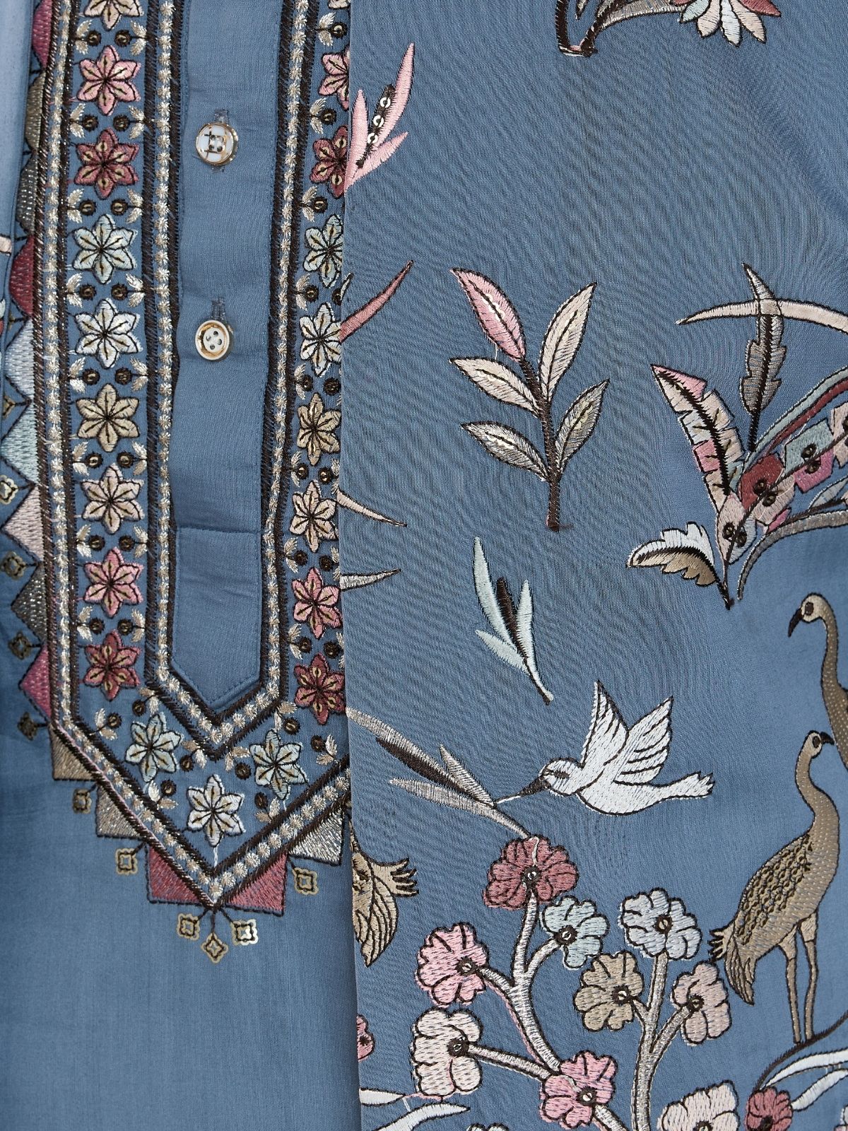 Odette Blue Viscose Silk Embroidered Stitched Kurta Set For Men - Image 8