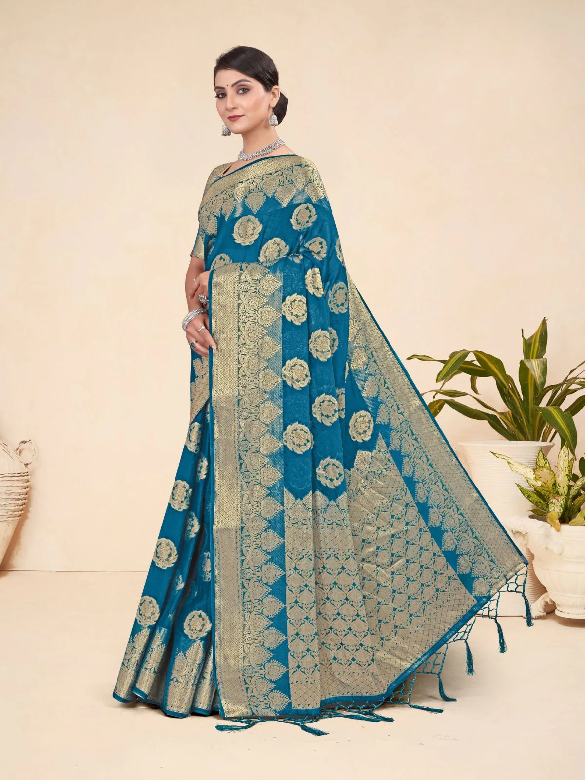 Odette Blue Viscose  Woven Saree With Unstitched Blouse For Women - Image 2