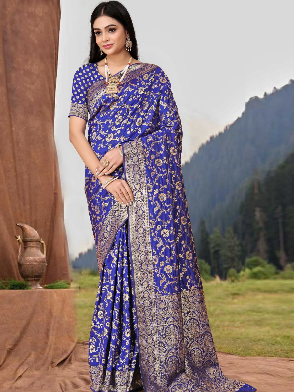 Odette Blue Woven Banarasi Silk Saree With Unstitched Blouse For Women - Image 2