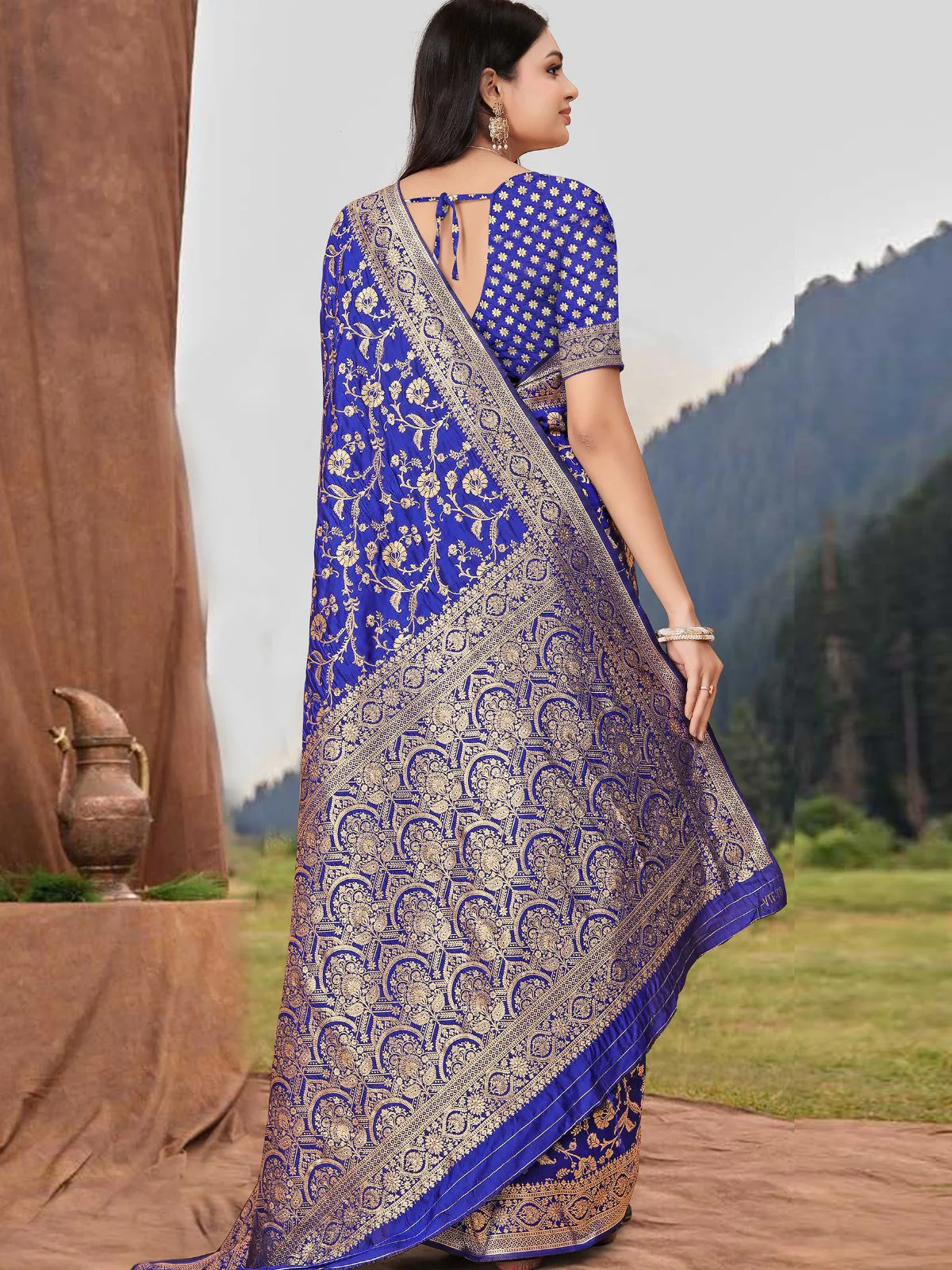 Odette Blue Woven Banarasi Silk Saree With Unstitched Blouse For Women - Image 5