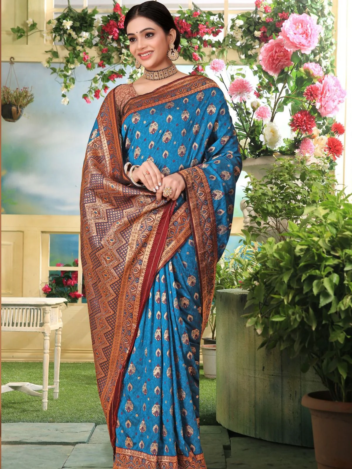 Odette Blue Woven Banarasi Silk Saree With Unstitched Blouse For Women - Image 2
