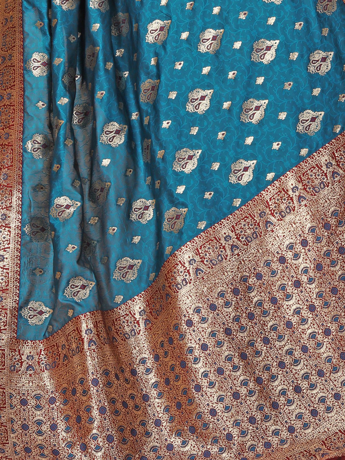 Odette Blue Woven Banarasi Silk Saree With unstitched Blouse For Women - Image 6