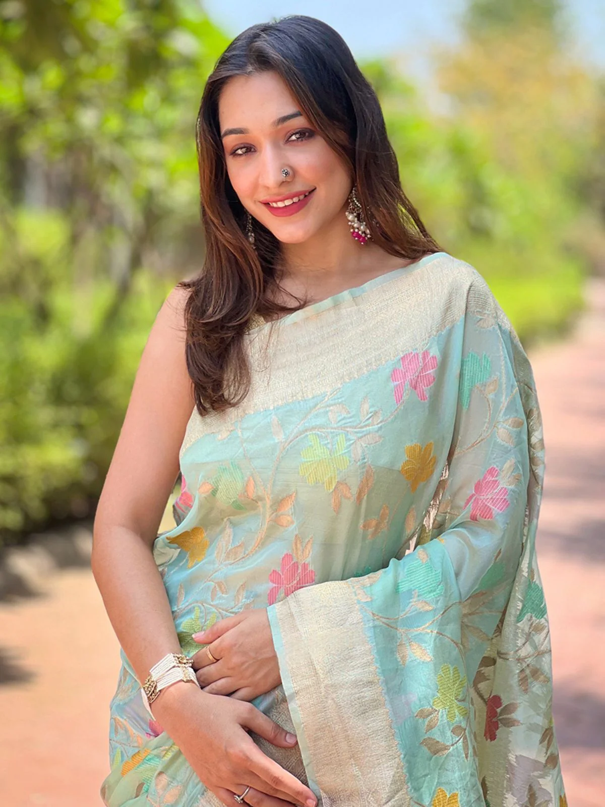 Odette Blue Woven Design Organza Saree With Unstitched Blouse For Women - Image 3