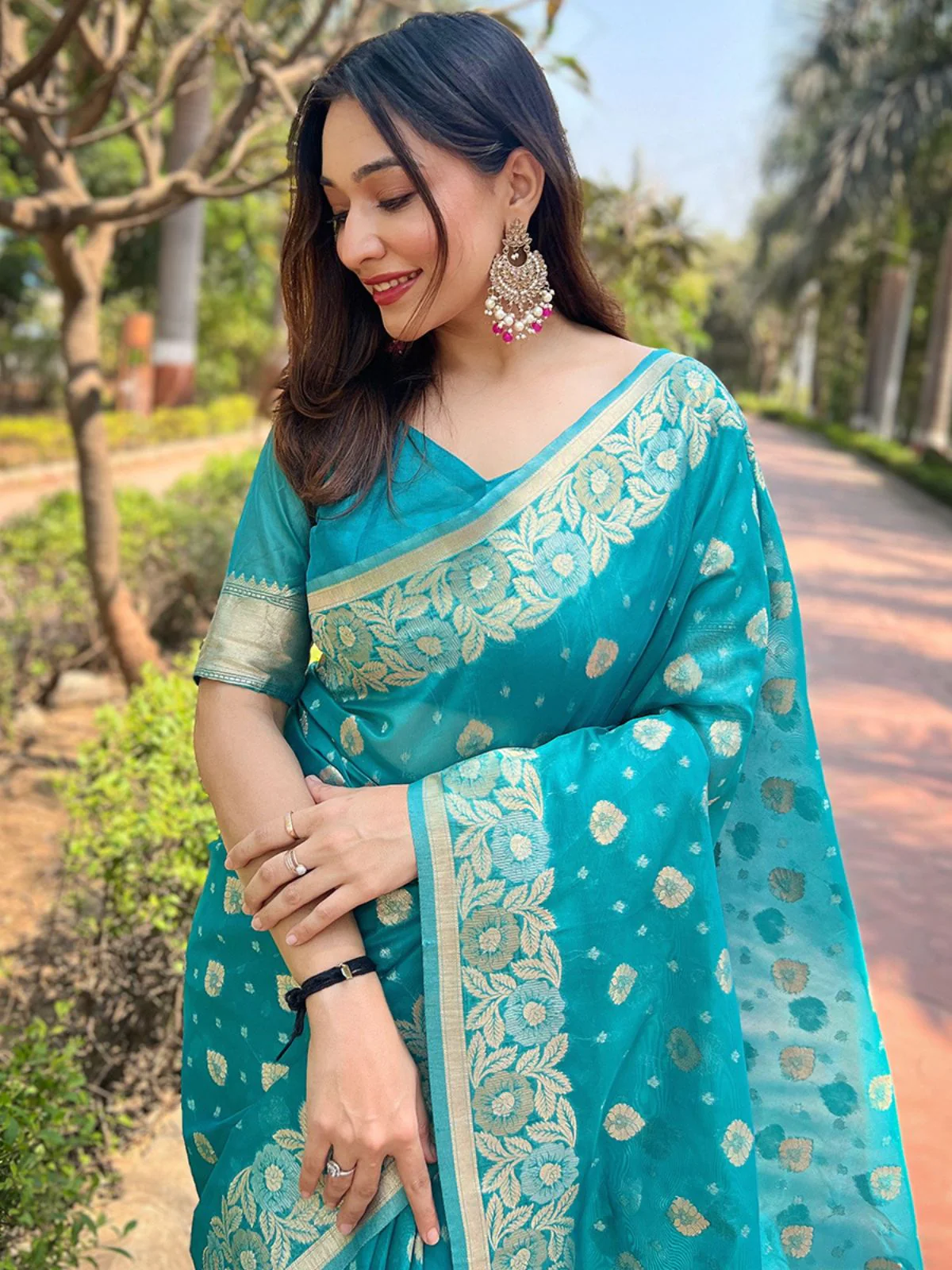 Odette Blue Woven Design Organza Saree With Unstitched Blouse For Women - Image 2